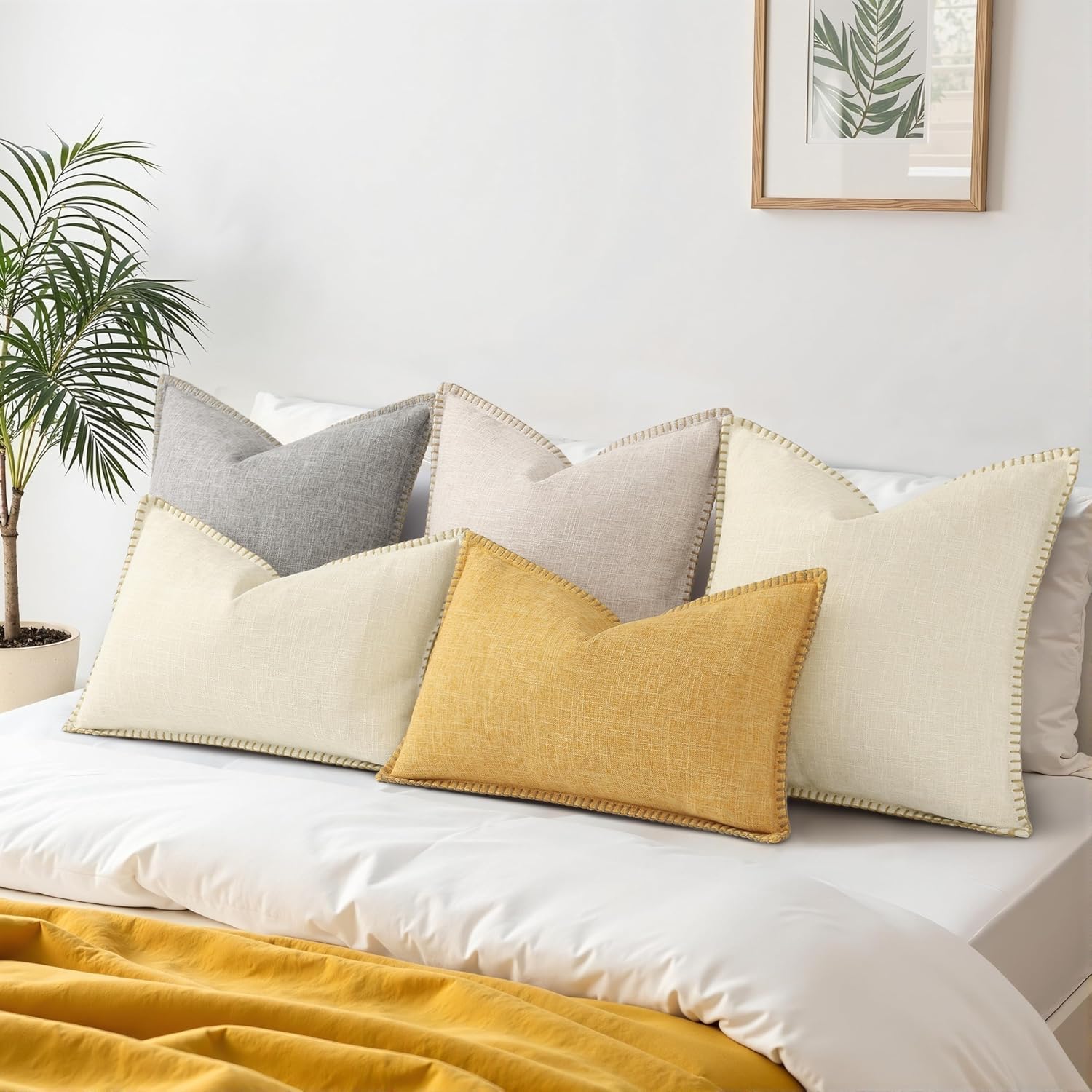 Fall Decorative Throw Pillow Covers Square Faux Linen Farmhouse / Cream White / 18 x 18 / Set of 2
