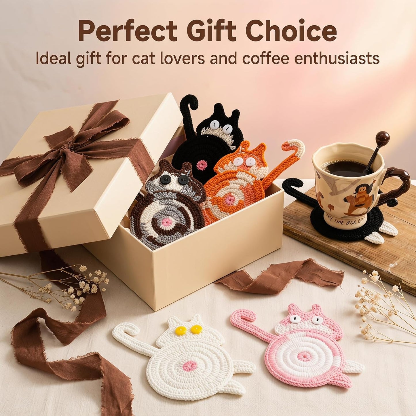 Cat Gifts for Cat Lovers Cat Coaster Woven Creative Cat Coaster Insulation Coaster Coffee / Set of 5