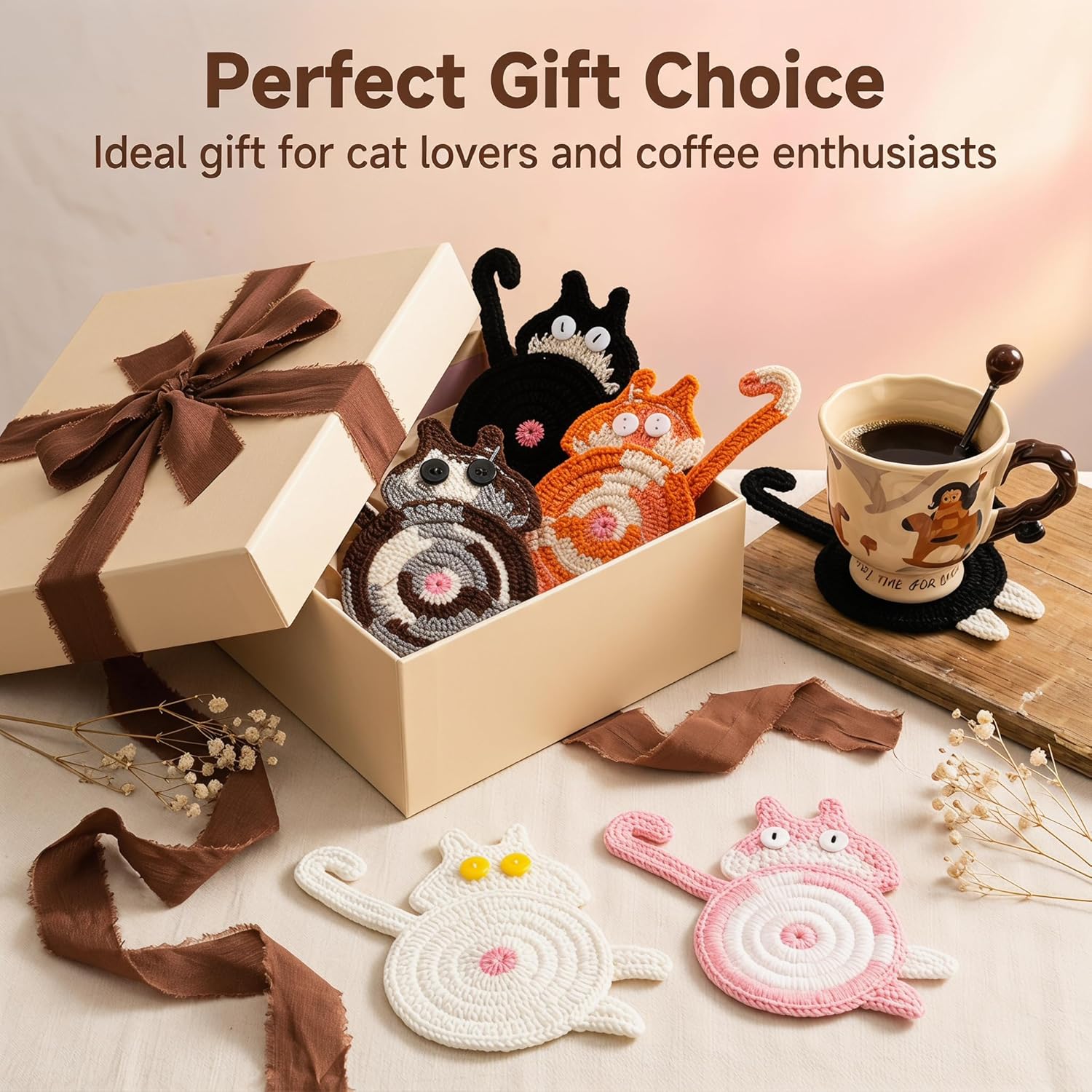 Cat Gifts for Cat Lovers Cat Coaster Woven Creative Cat Coaster Insulation Coaster Coffee / Set of 5