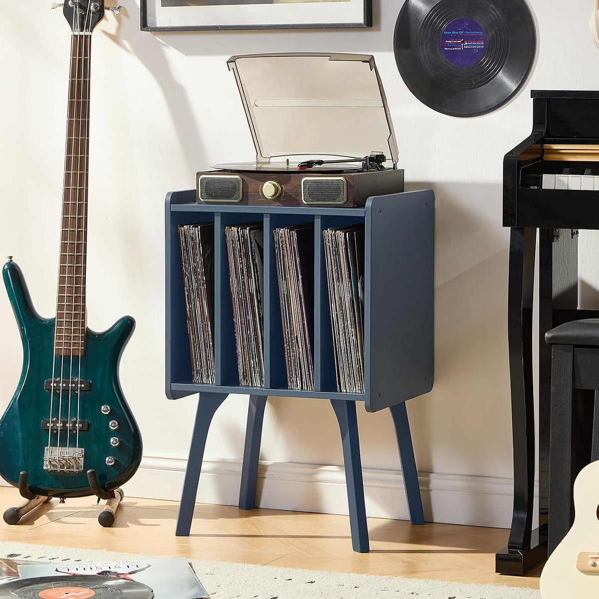 Record Player Stand, Blue Vinyl Record Storage Table for Albums | Mid-Century Modern Turntable Stand with Wood Legs, 4