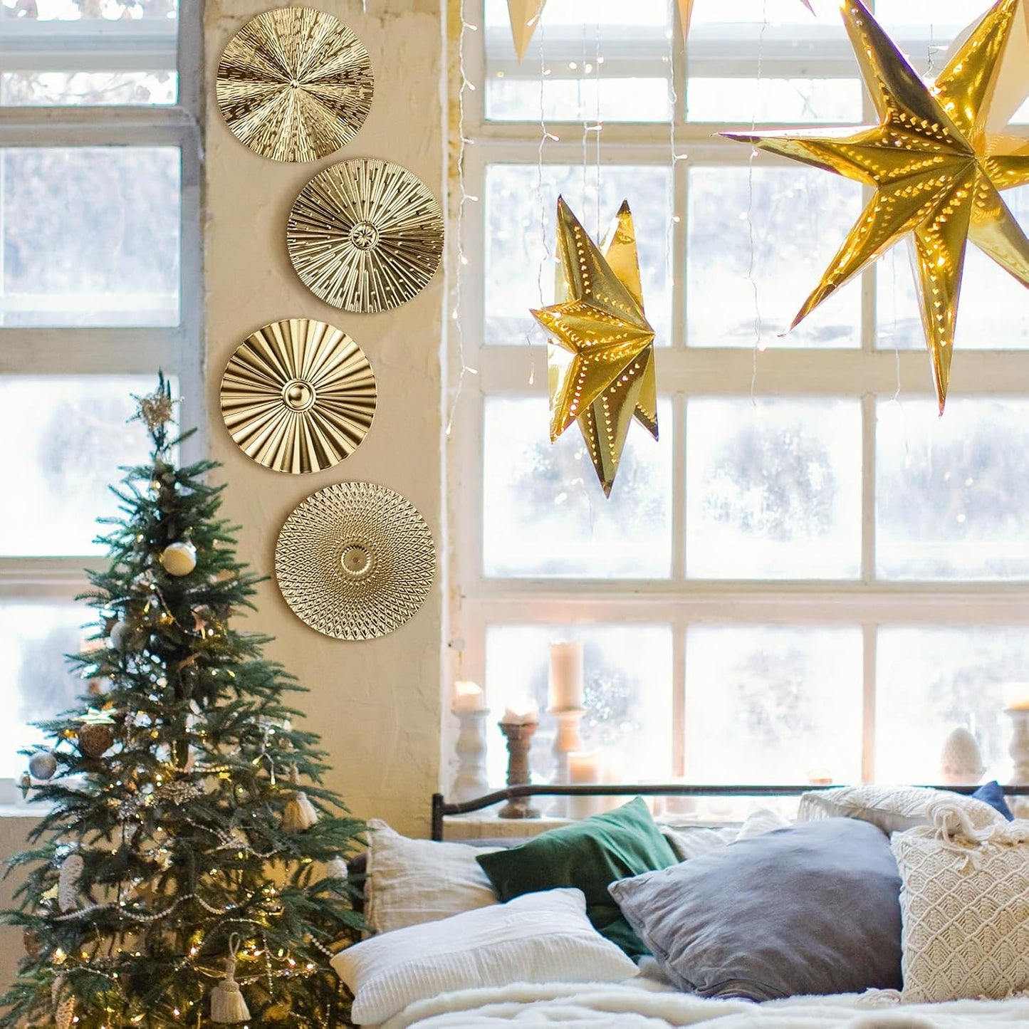 Metal Wall Art Decor Modern Sunburst Hanging Artwork Decor Wall / Gold / 12 Inch / Set of 4