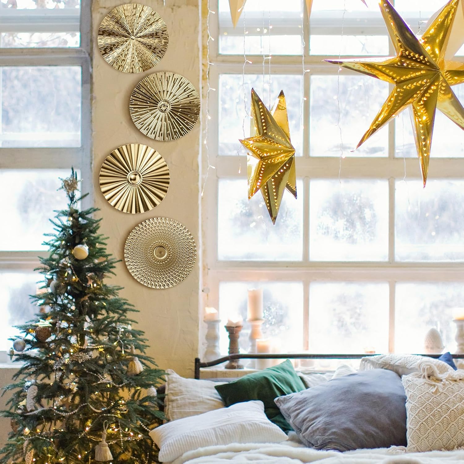 Metal Wall Art Decor Modern Sunburst Hanging Artwork Decor Wall / Gold / 12 Inch / Set of 4