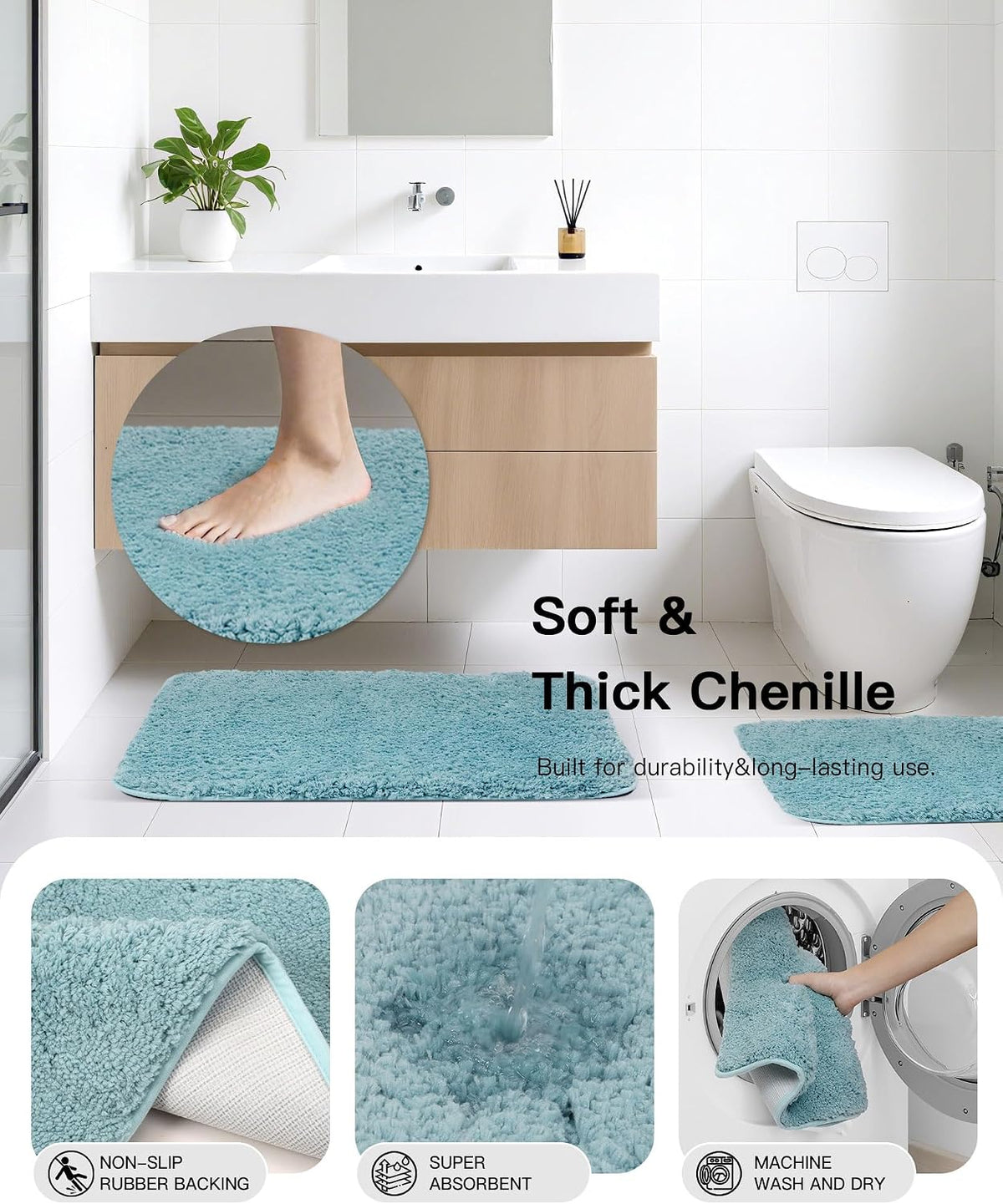 IMAVO Blue Bathroom Accessories,Non Slip Absorbent Bathroom Rugs and Waterproof Shower Curtain with Hooks,Complete