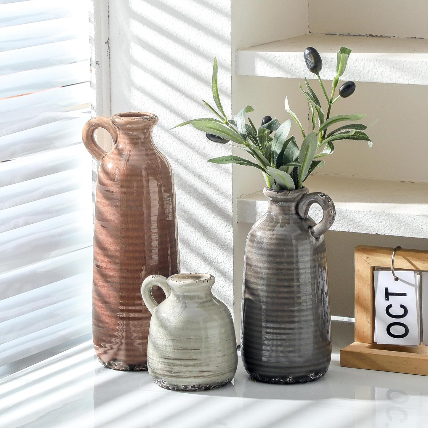 Ceramic Vases / Neutral Rustic Farmhouse Vase / 010 Vase Set with Handle - Brown / Set of 3
