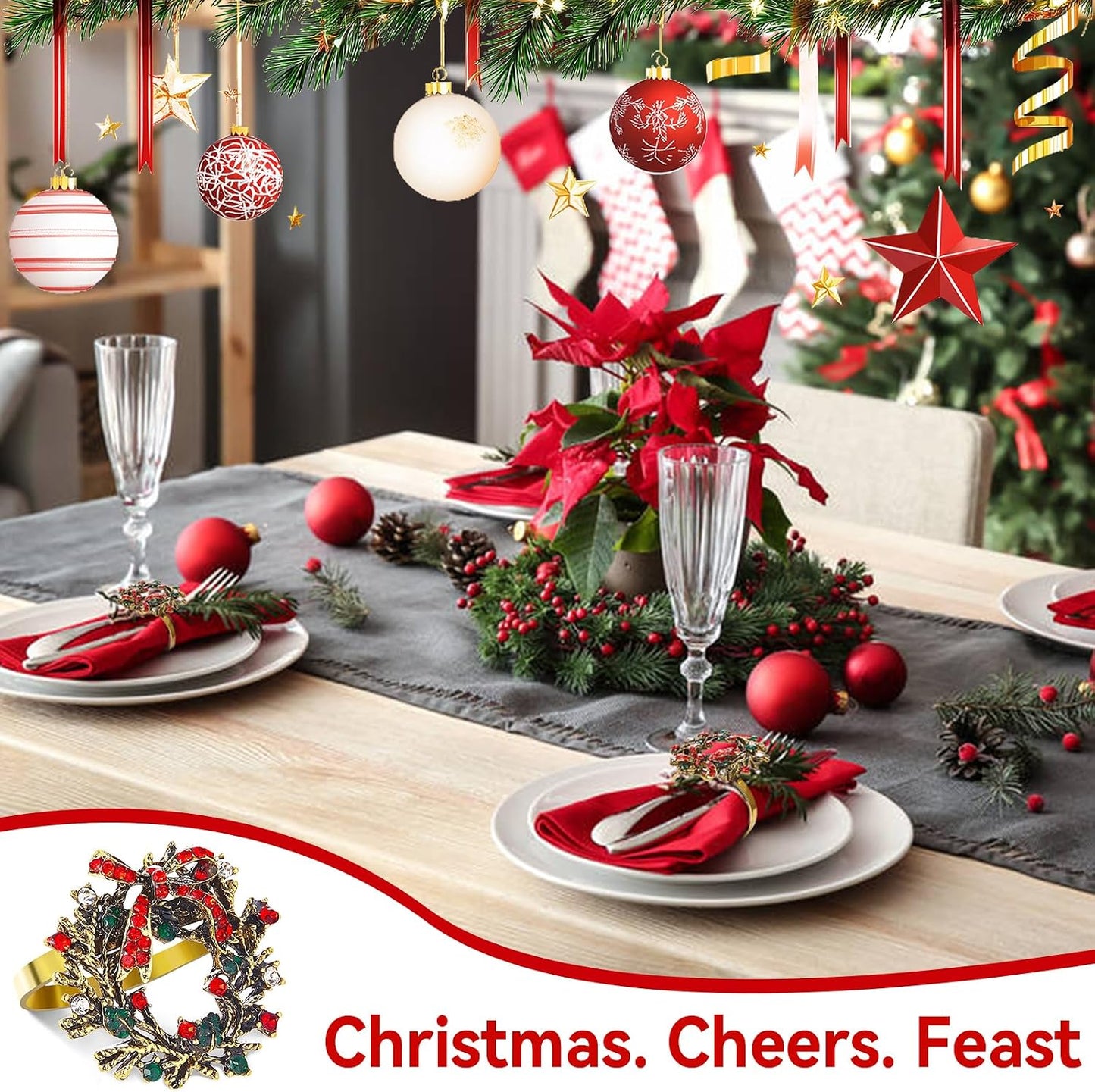Christmas Wreath Napkin Rings Set of 12, Holiday Rhinestone Christmas Napkin Ring Holders for Cloth Napkins, Napkin