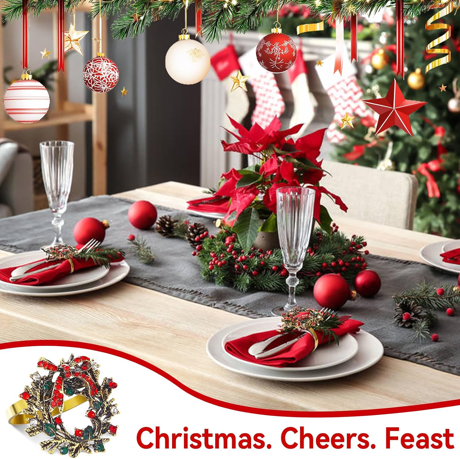 Christmas Wreath Napkin Rings Set of 12, Holiday Rhinestone Christmas Napkin Ring Holders for Cloth Napkins, Napkin