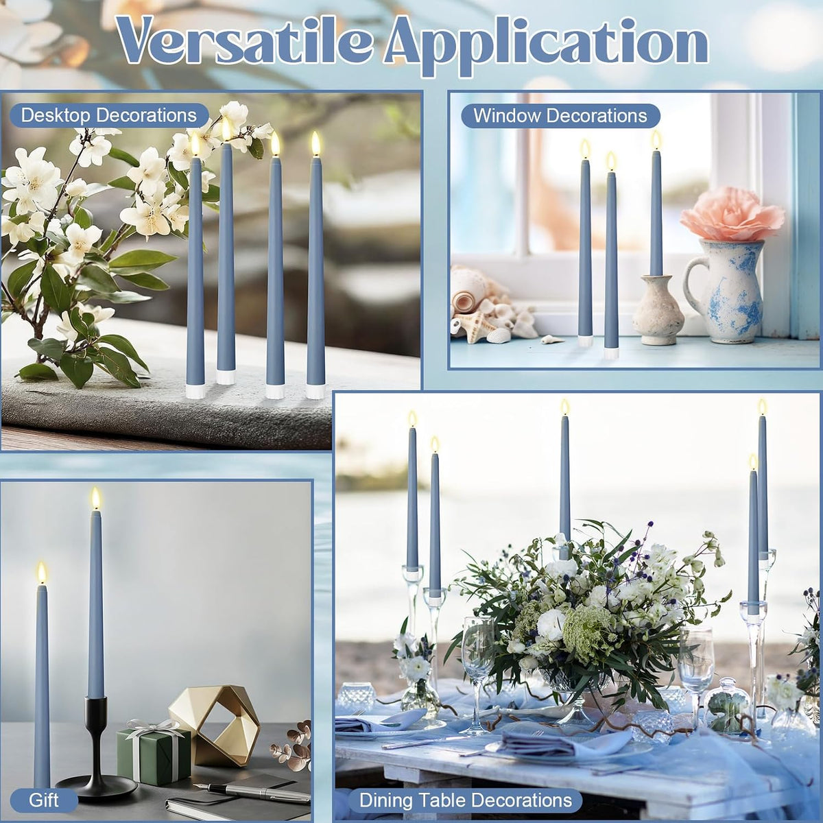 Macarrie 24 Packs Flameless Taper Candles Battery LED 11",Haze Blue | Fake Candlelight Flameless Candlesticks