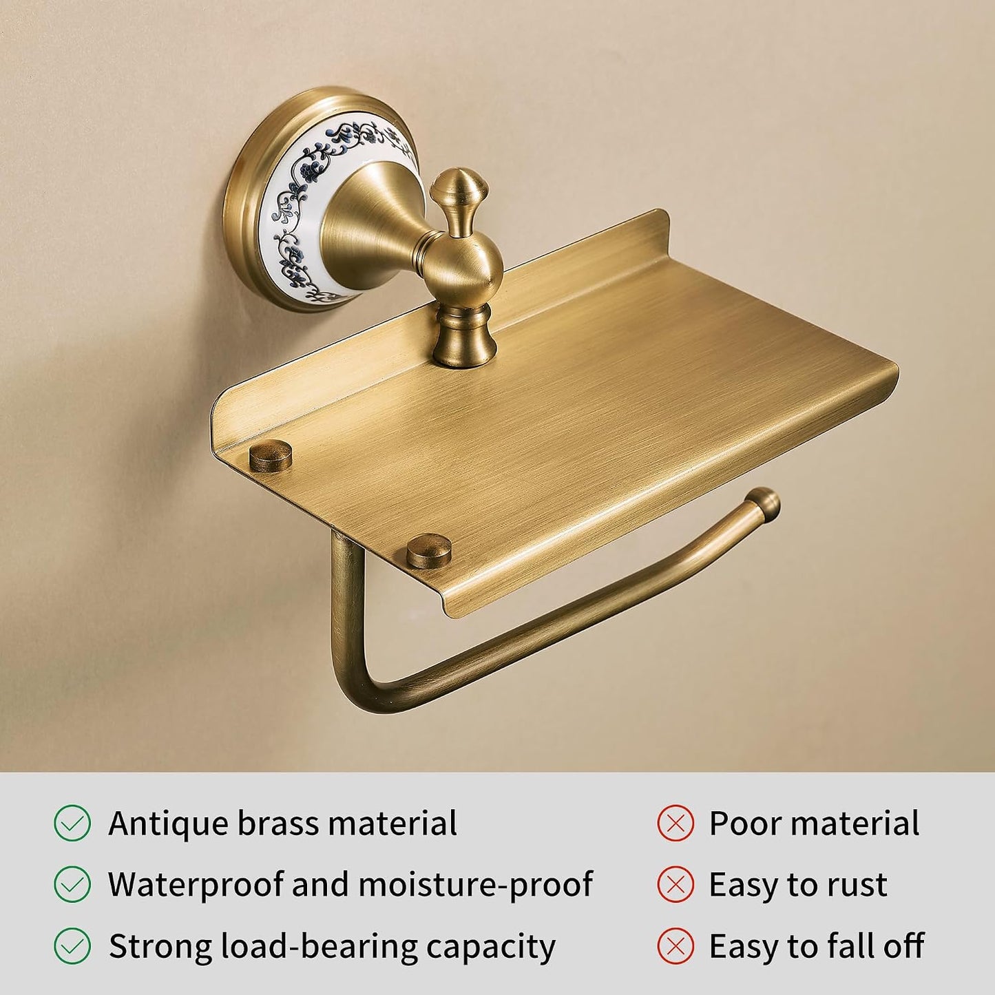 Toilet Paper Holder with Phone Shelf, Bathroom Toilet Paper Roll Holder Antique Bronze Brass Wall Mounted Bathroom