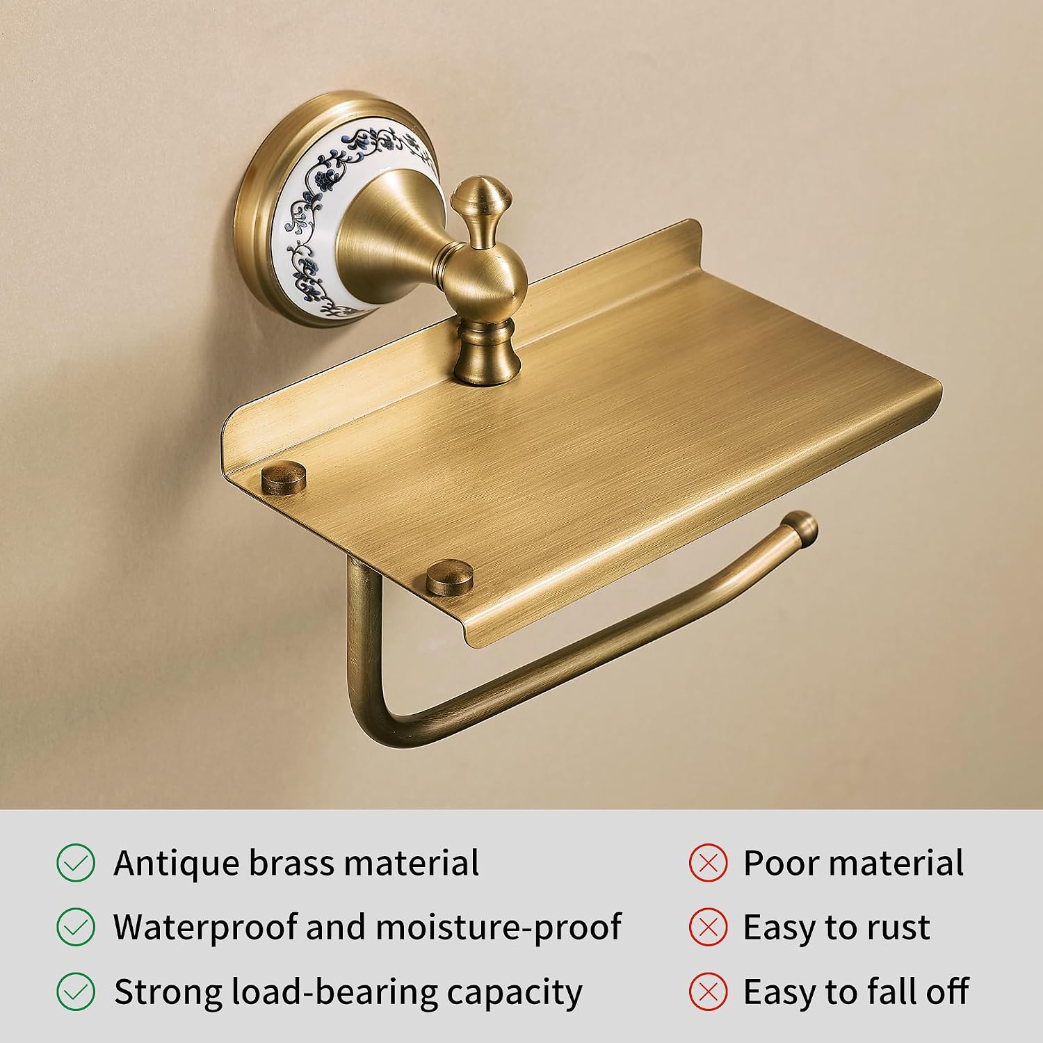 Toilet Paper Holder with Phone Shelf, Bathroom Toilet Paper Roll Holder Antique Bronze Brass Wall Mounted Bathroom