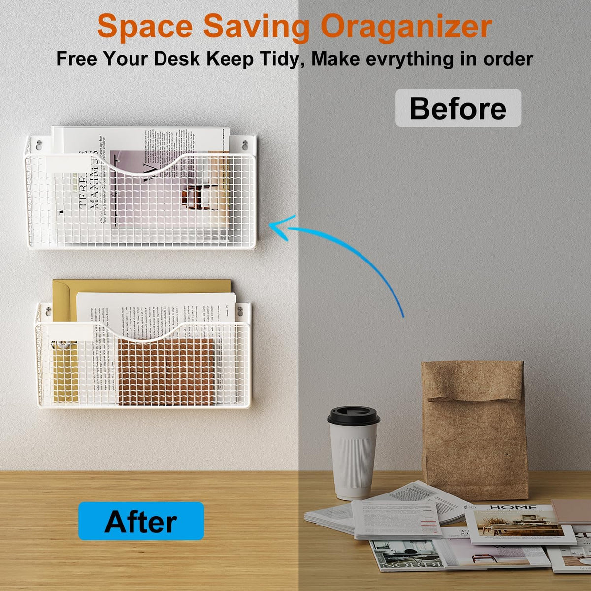MFTEK Magnetic File Holder, 2 Pockets Wall File Folders Holder No Drilling Magnetic Paper Mail Organizer Magazine