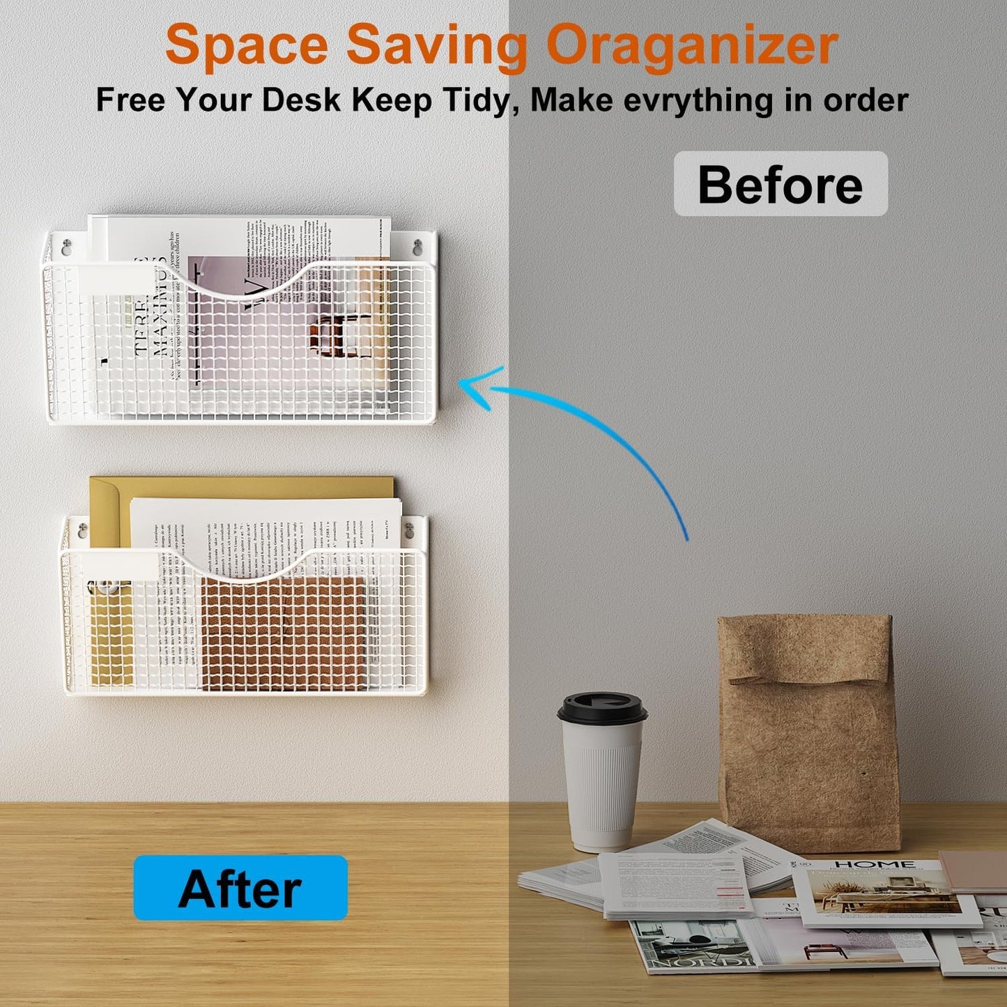 MFTEK Magnetic File Holder, 3 Pockets Wall File Folders Holder No Drilling Magnetic Paper Mail Organizer Magazine