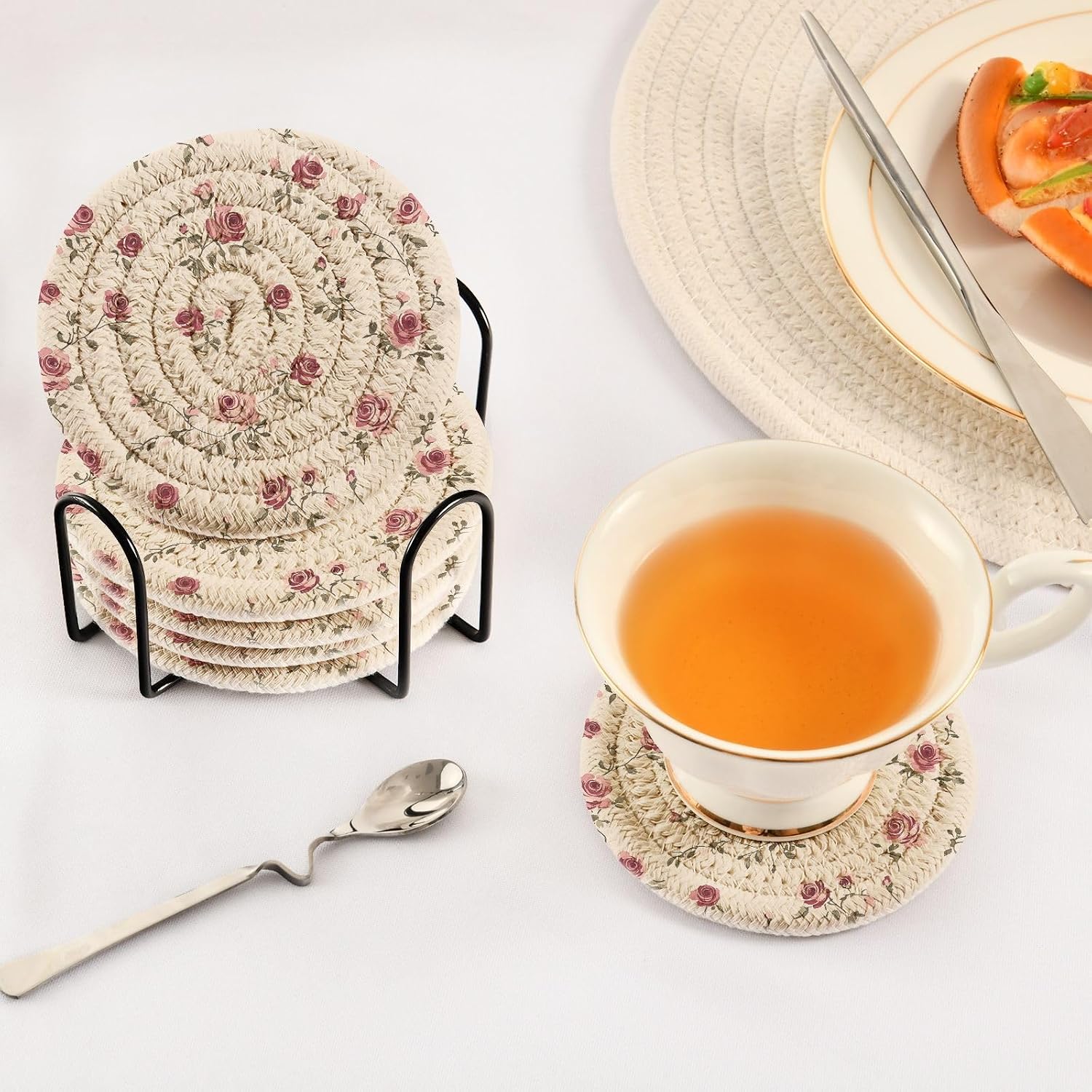 Holder Absorbent Round Coasters for Wooden Table Tabletop Protection Party / Vintage Rose / Set of 6