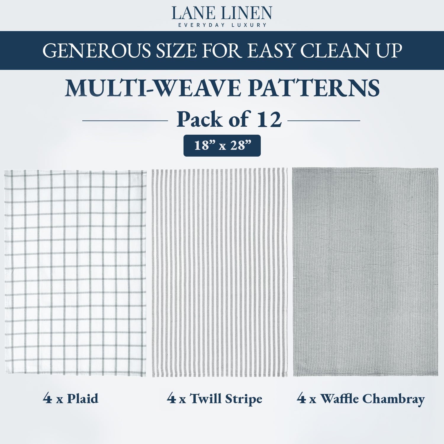 LANE LINEN Kitchen Towels & Dishcloths Set of 12-100% Cotton, Quick-Drying 18” x 28” Absorbent Dish & Tea Towels, Soft