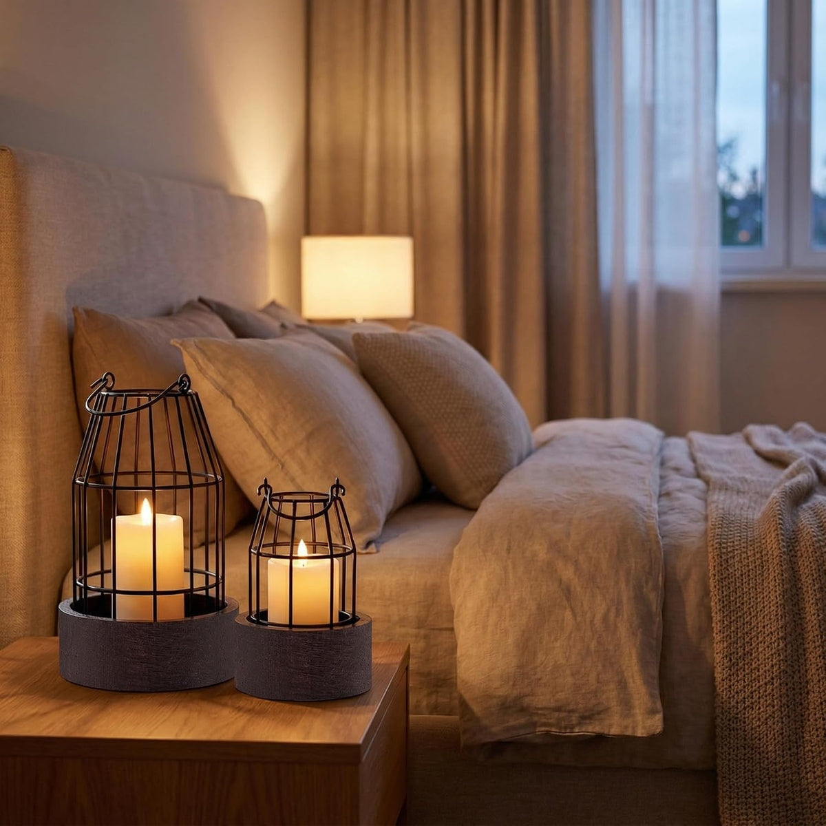 Modern Rustic Farmhouse Candle Lantern Set of 5, Small, Black, Brown | Decorative Lanterns Centerpieces with Tray for