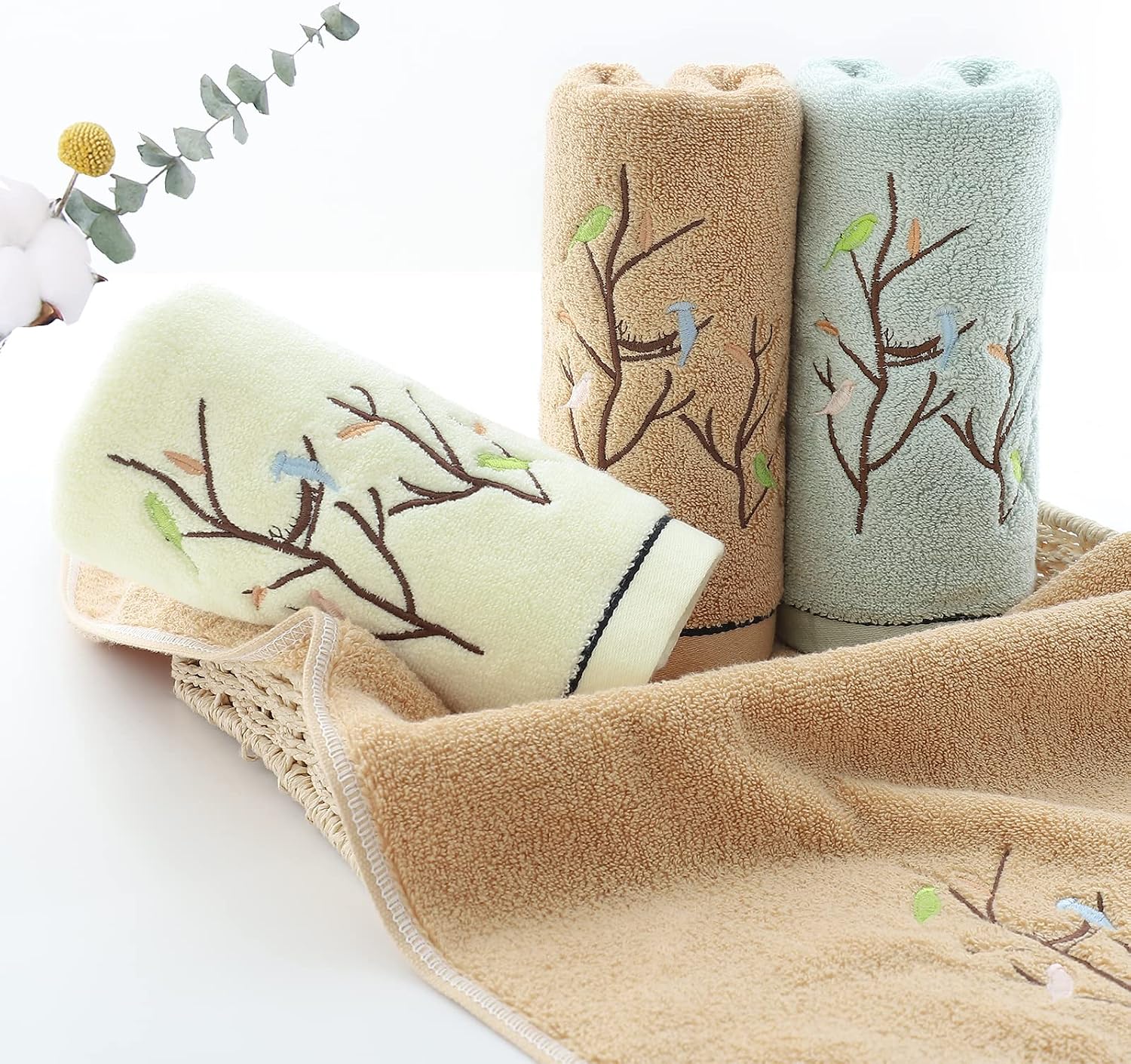 Hand Towels Set of 4 Embroidered Bird Tree Pattern 100% Cotton Absorbent Soft Decorative Towel for Bathroom (Aqua Green)