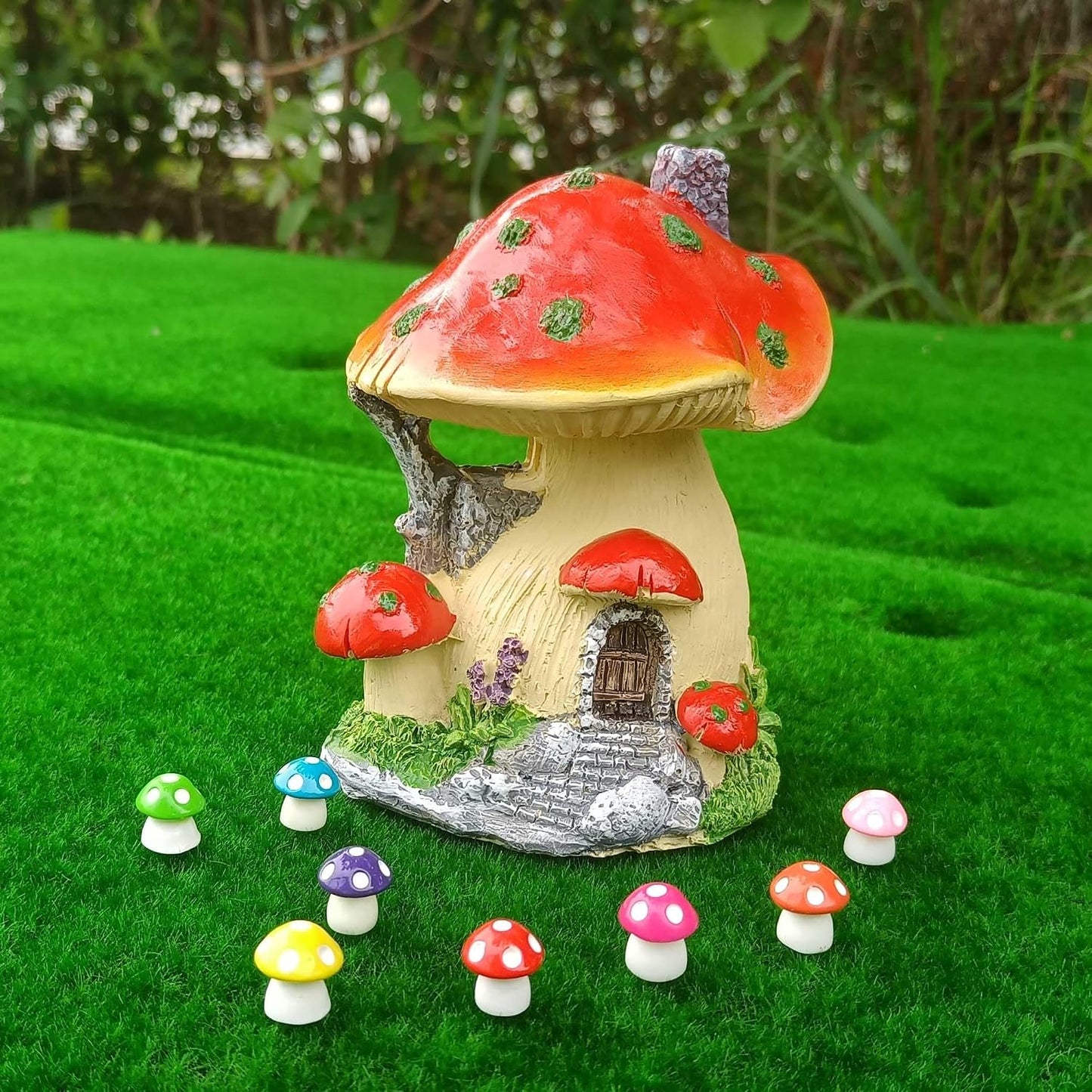 Resin Miniature Mini Mushroom House and Tiny Mushrooms Figurines / Red
