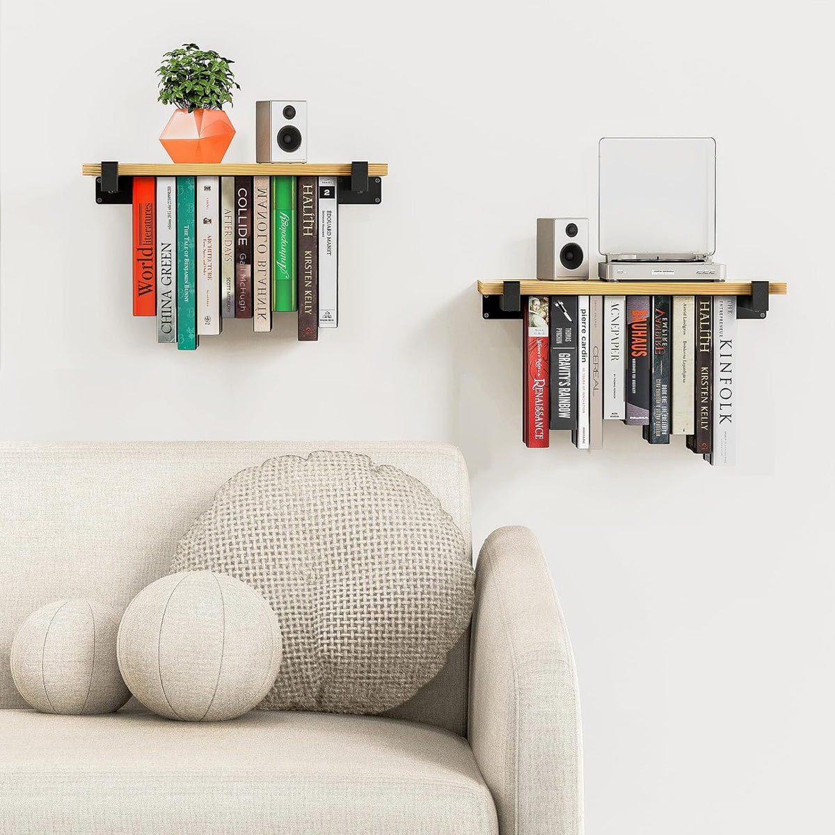 NANATI 2 Set of Floating Bookshelf, Pine Wood Invisible Bookshelf, Hanging Bookshelves for Wall, Unique Space Saving