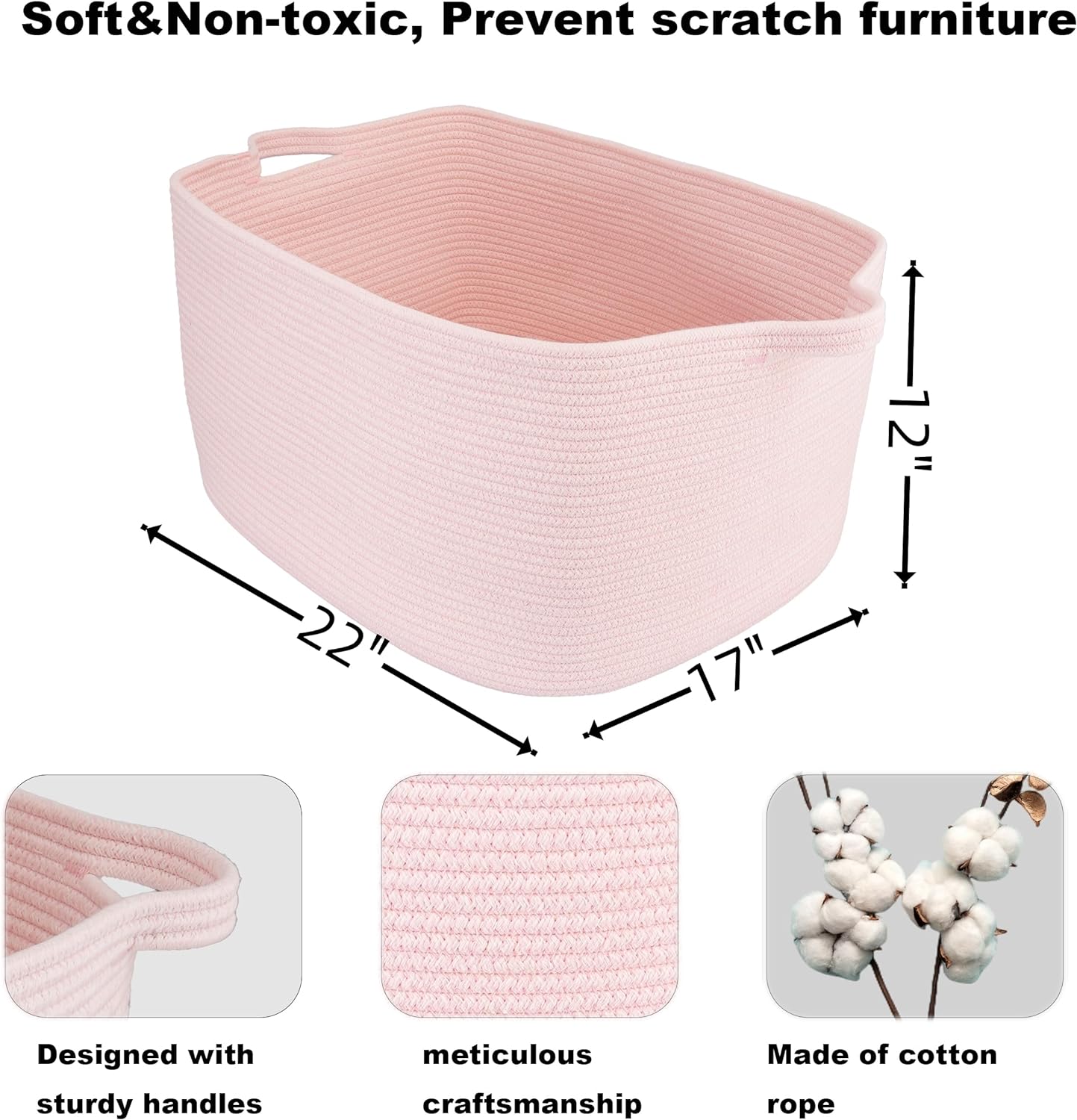 Large Rectangle Blankets Baskets " Toy Basket for Kids Woven Cotton Rope / Pink / 22 x 17 x 12