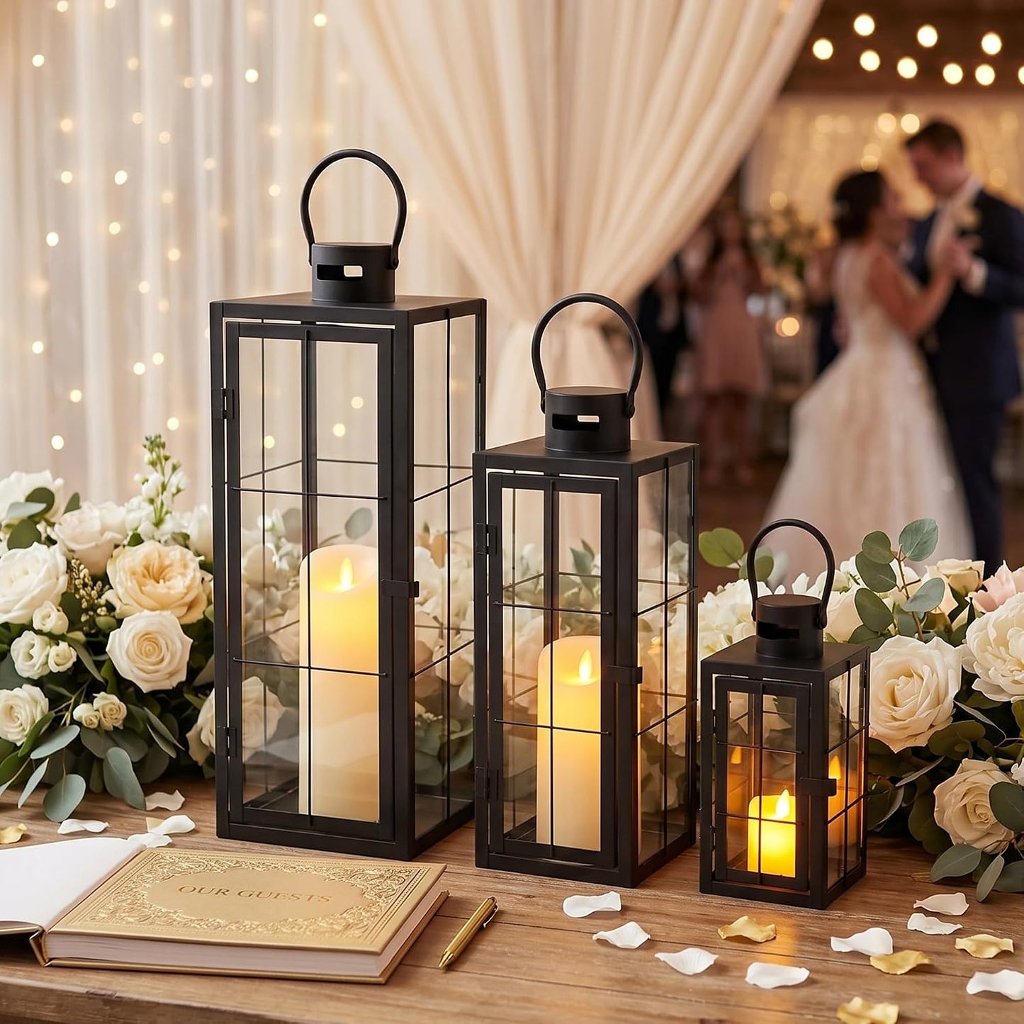 TRIROCKS Metal Candle Lantern Set of 3 - Assorted Sizes (9/15.5/19.5 Inch) - Tall Decorative Hanging Lanterns with