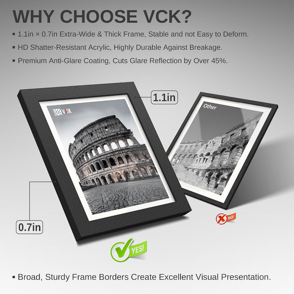 VCK 5x7 Picture Frame Black 4 Pack, Wide Thick Wood Border, for Photos | Exclusive Woodgrain, Wall/Tabletop, HD