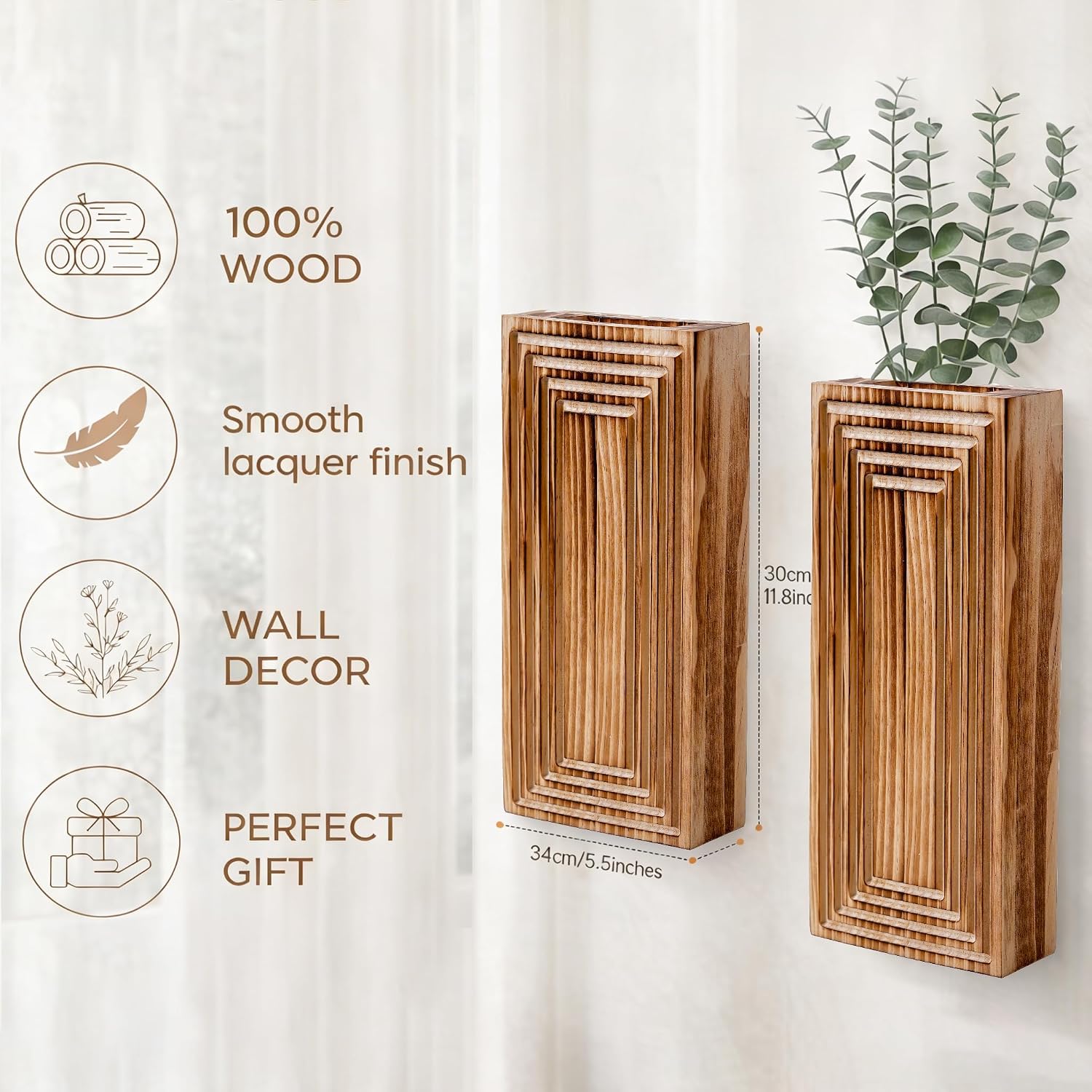 Wooden Wall Planter Vase / Brown / Set of 2
