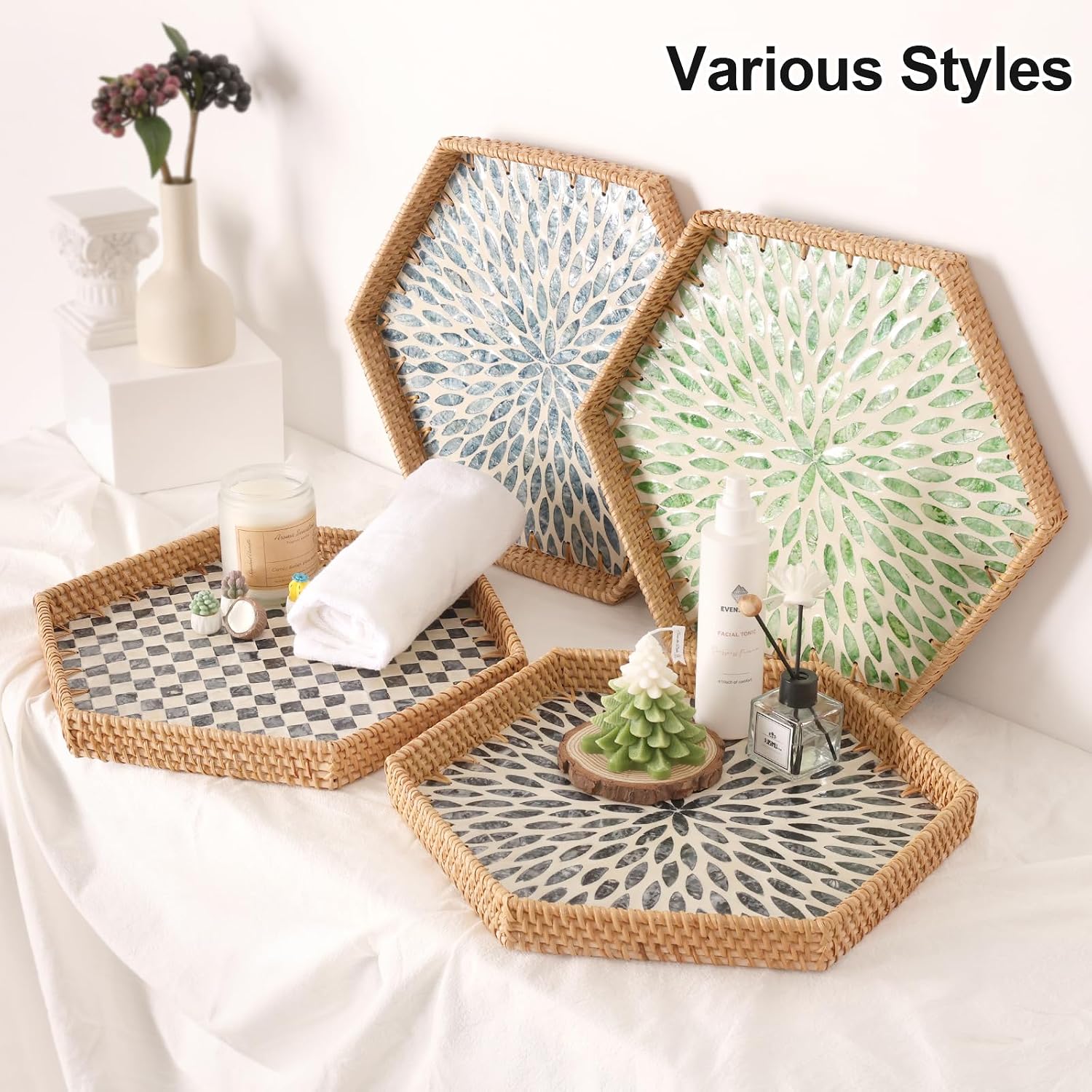 Hexagon Rattan Tray / Black Leaves