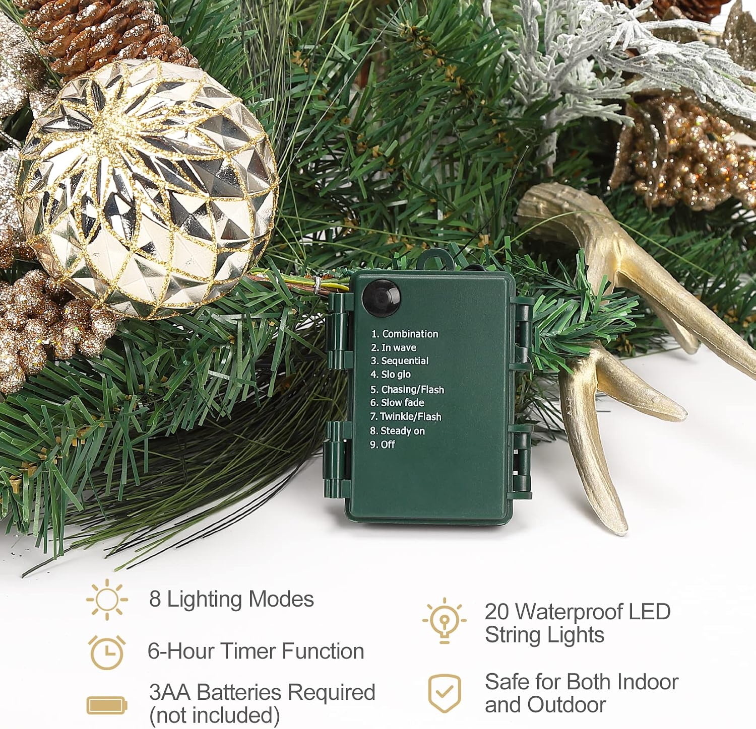 Christmas Garland with Lights, Champagne Gold 6FT 20LED Pre-Lit Christmas Garland with Ball Ornaments, Ribbons, Pine