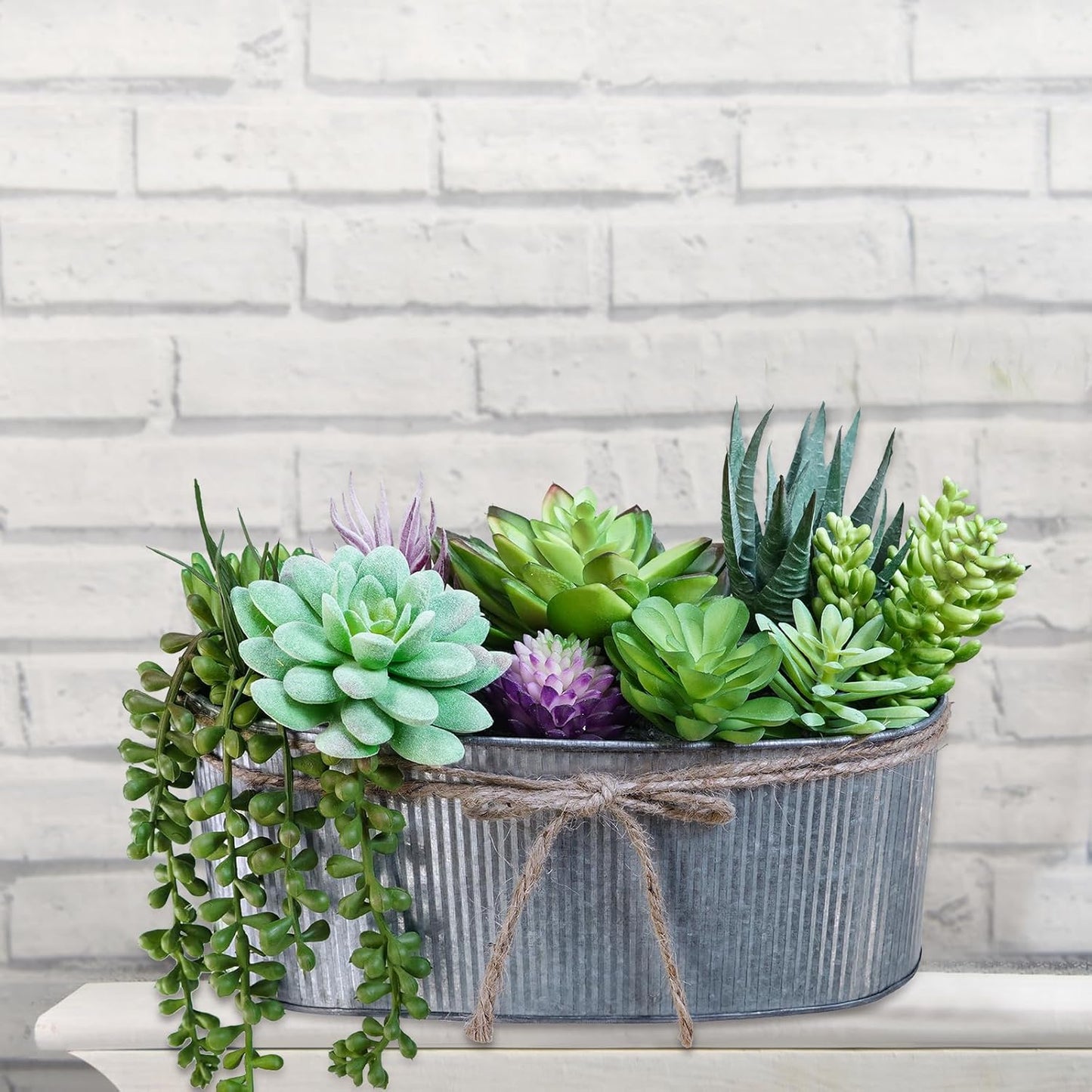 10" Artificial Succulent Arrangement Centerpiece Fake Succulent Plants in Rustic Metal Oval Planter