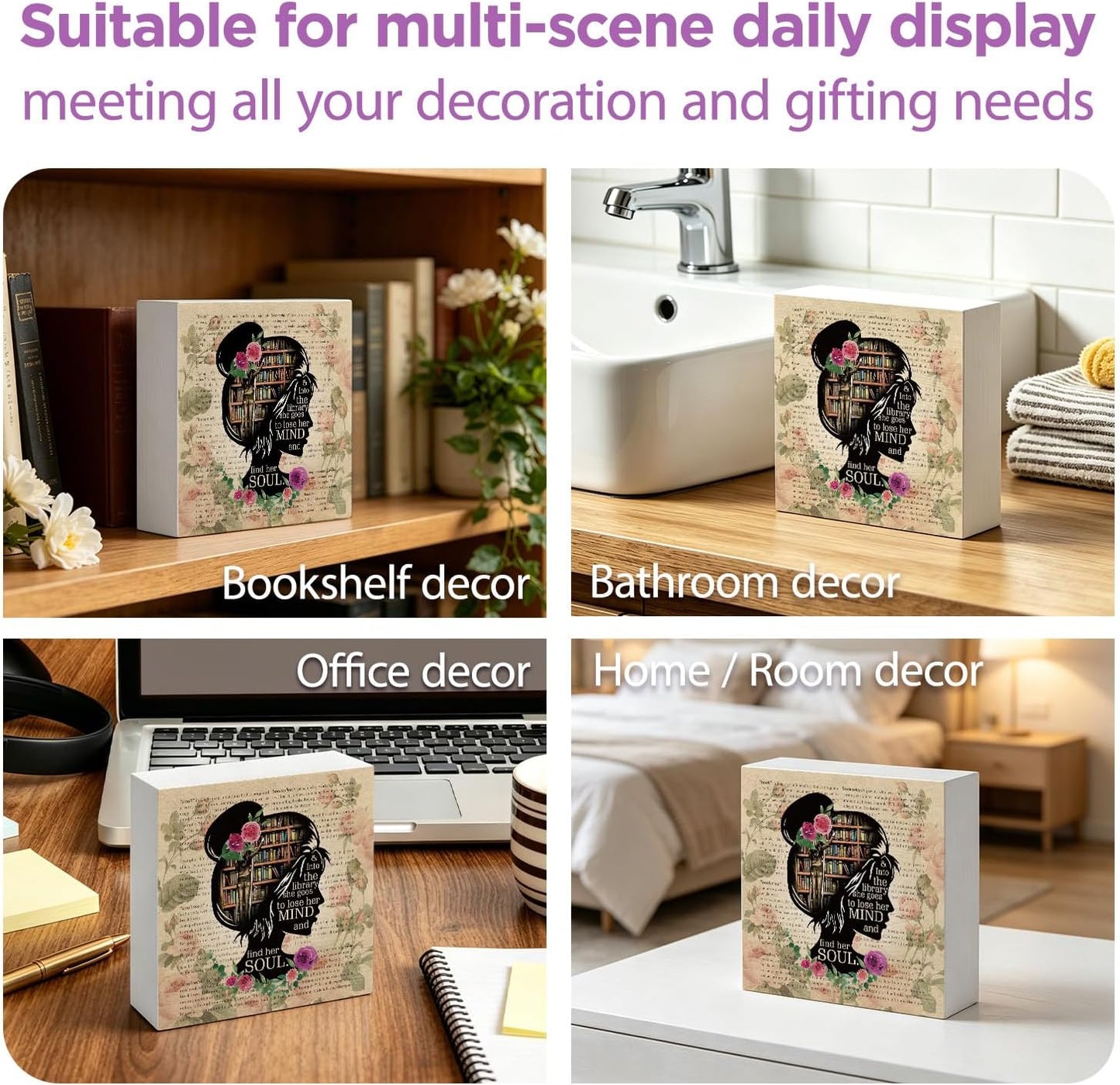 Book Lover Women Wood Box Sign Desk Decor Gifts for Friends