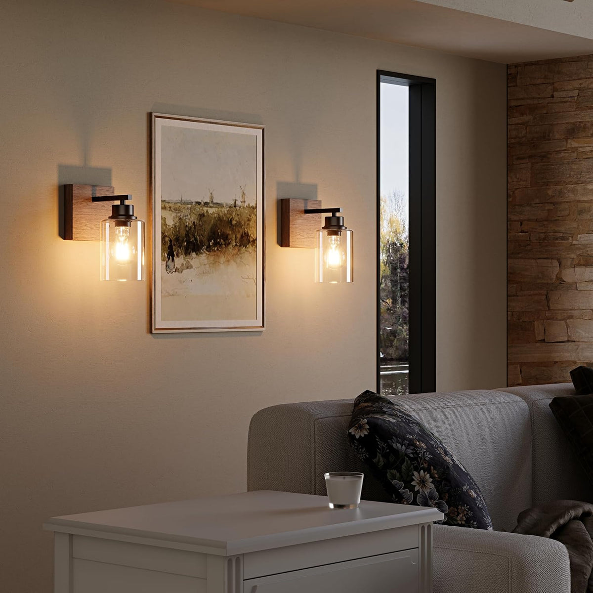 Rayogale Wireless Battery Operated Wall Sconce Set of 2 with Remote Control | Black & Walnut Dimmable Rechargeable Wall