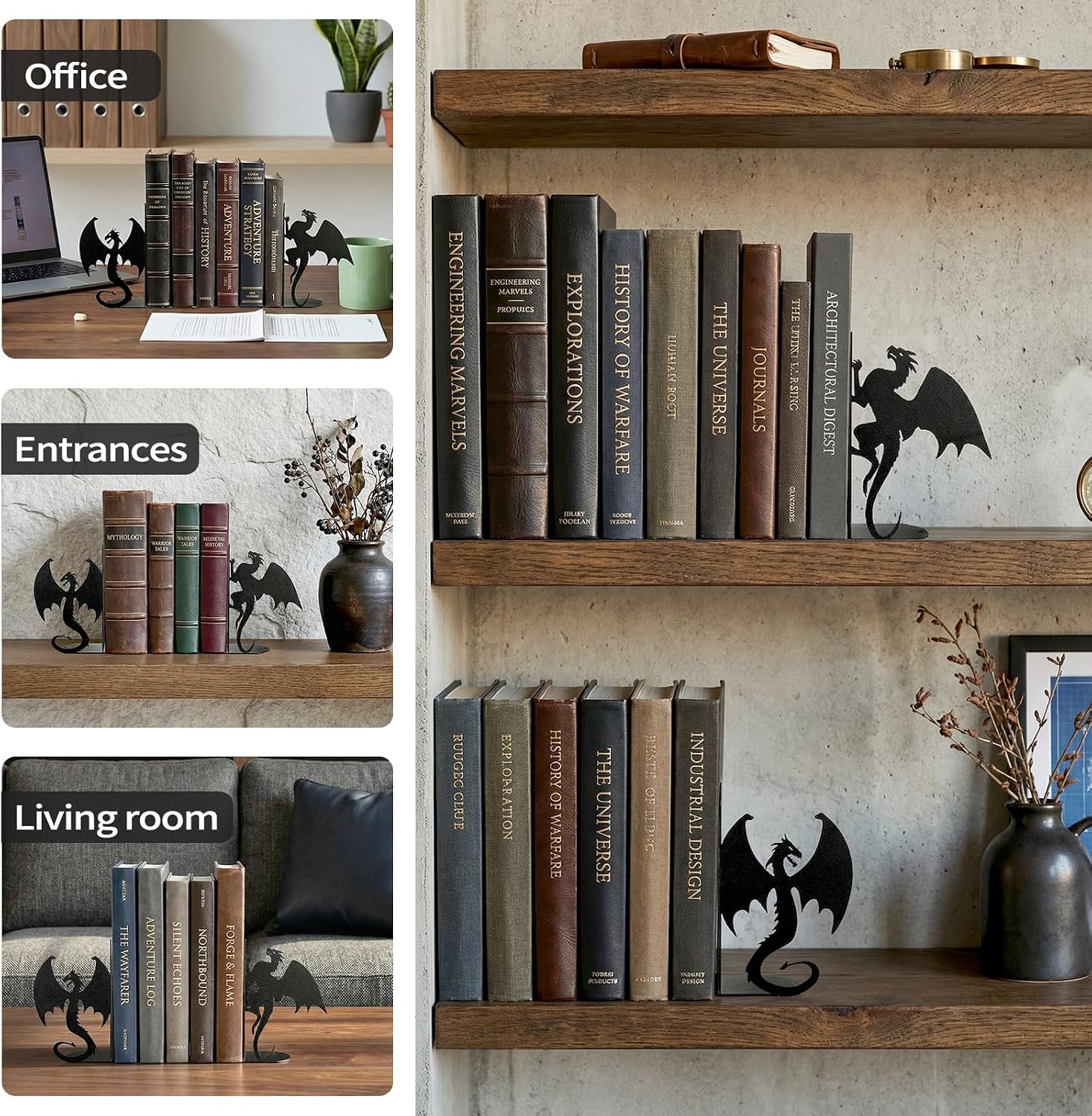 Dragon Bookends Decorative Metal Book Ends / Black Dragon