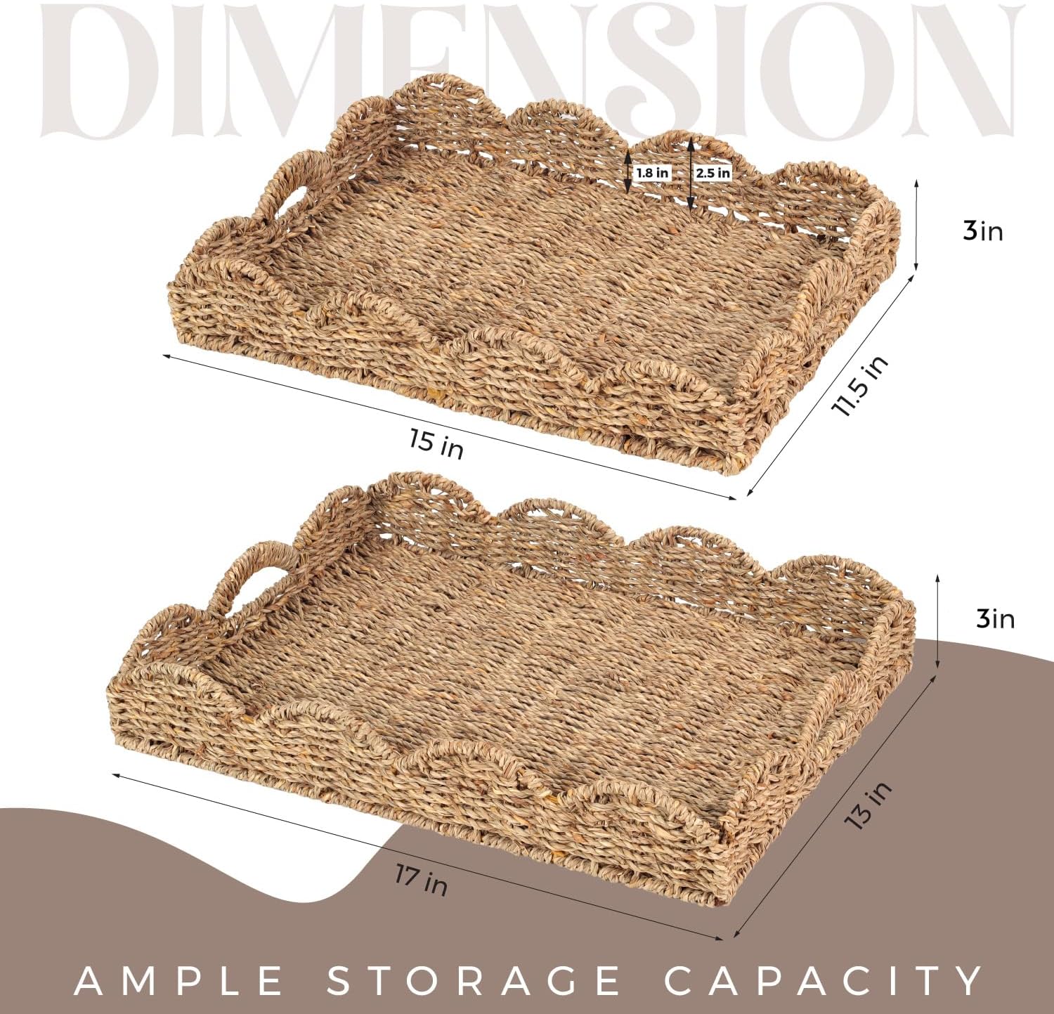 Scalloped Seagrass Tray / Dark Brown / 17 x 13 x 3 / Set of 2