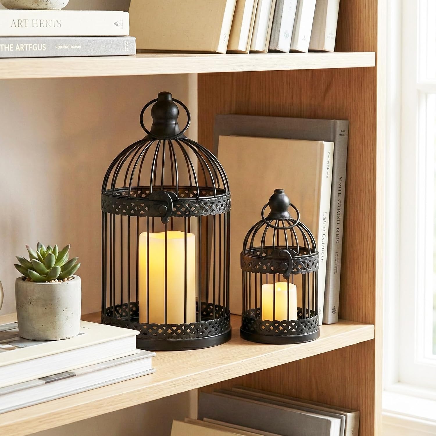 Vela Lanterns Bird Cage Decor Candle Holder Lantern Decorative Table Centerpiece Halloween Decorations, Black, Set of 4