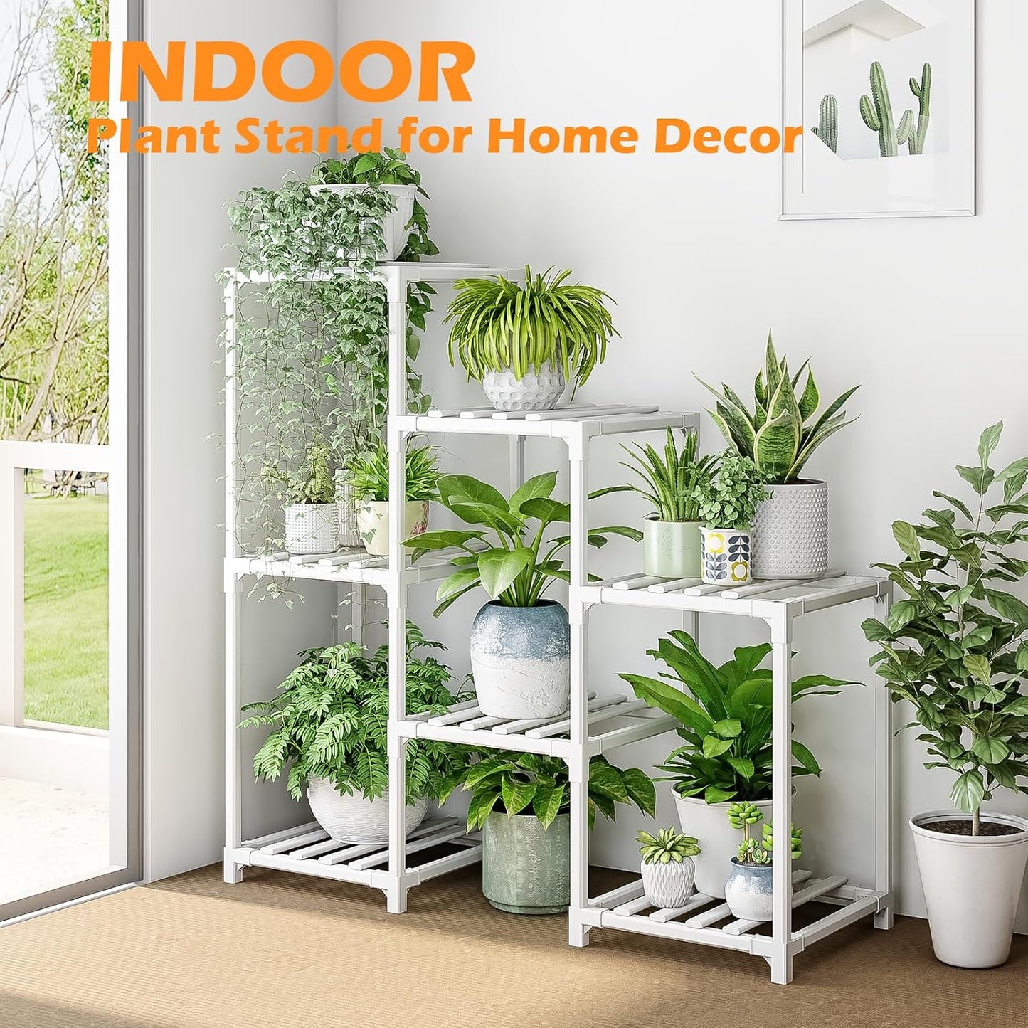 Bamworld Indoor Plant Stand Outdoor White Shelf Bamboo Plant Table for Multiple Plants 3 Tiers 7 Pots Ladder Holder Pot