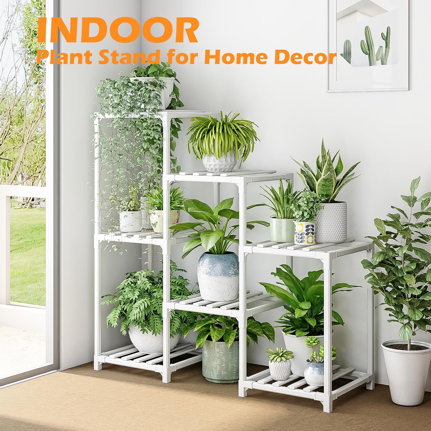 Bamworld Indoor Plant Stand Outdoor White Shelf Bamboo Plant Table for Multiple Plants 3 Tiers 7 Pots Ladder Holder Pot