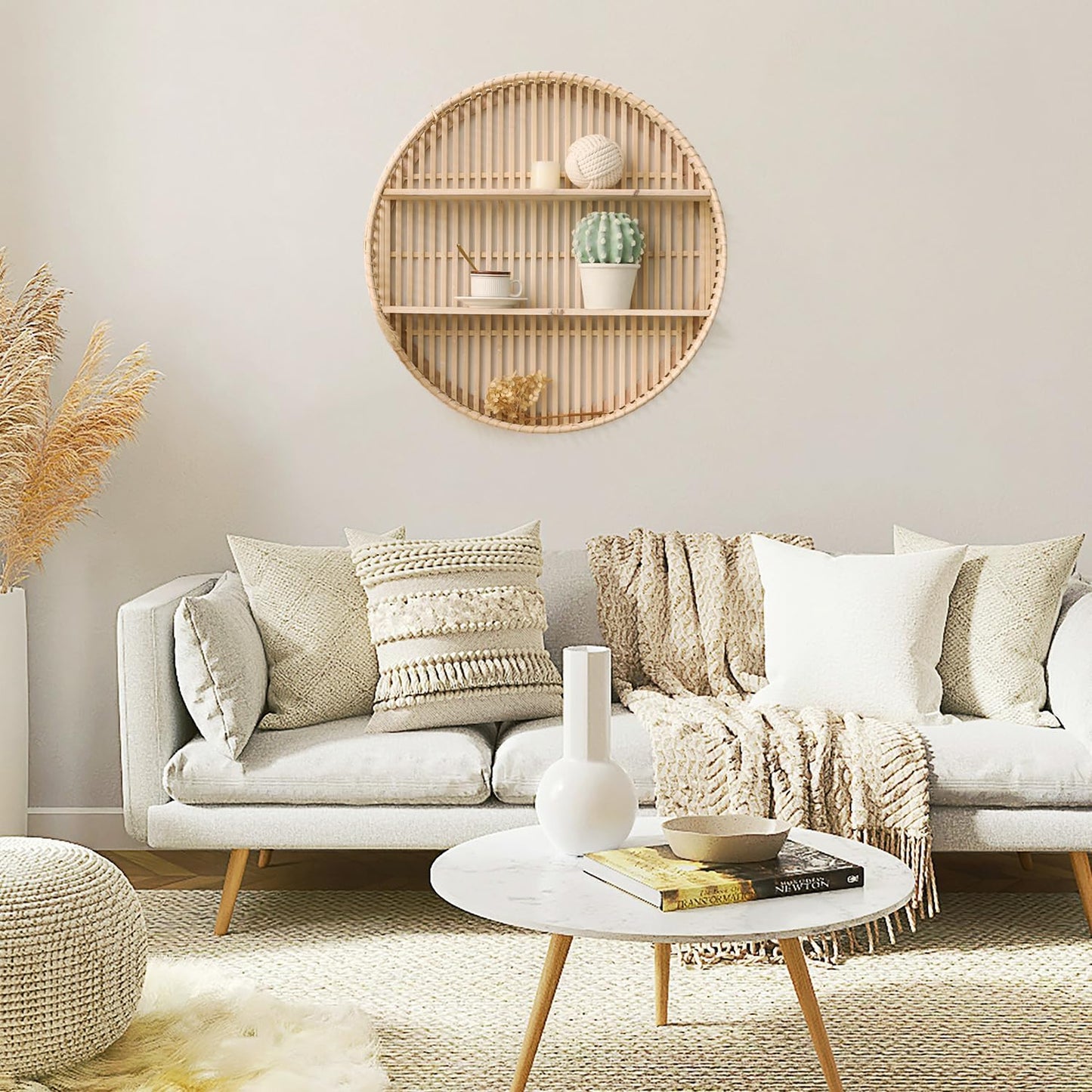 Rattan Wall Shelf 3 Tier Boho Wall Mounted Shelf Farmhouse Handcraft Round Floating Shelf Display