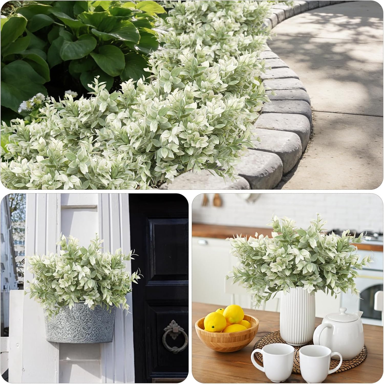 14.5" Fake Lucky Bamboo Leaves Faux Outdoor Plants UV Resistant Plastic Shrubs / White