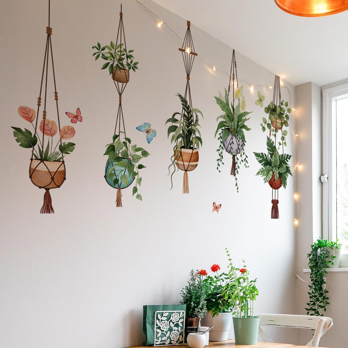 Hanging Potted Wall Stickers Plant Vine Wall Decals Peel and Stick Leaves Boho Wall Art / Green