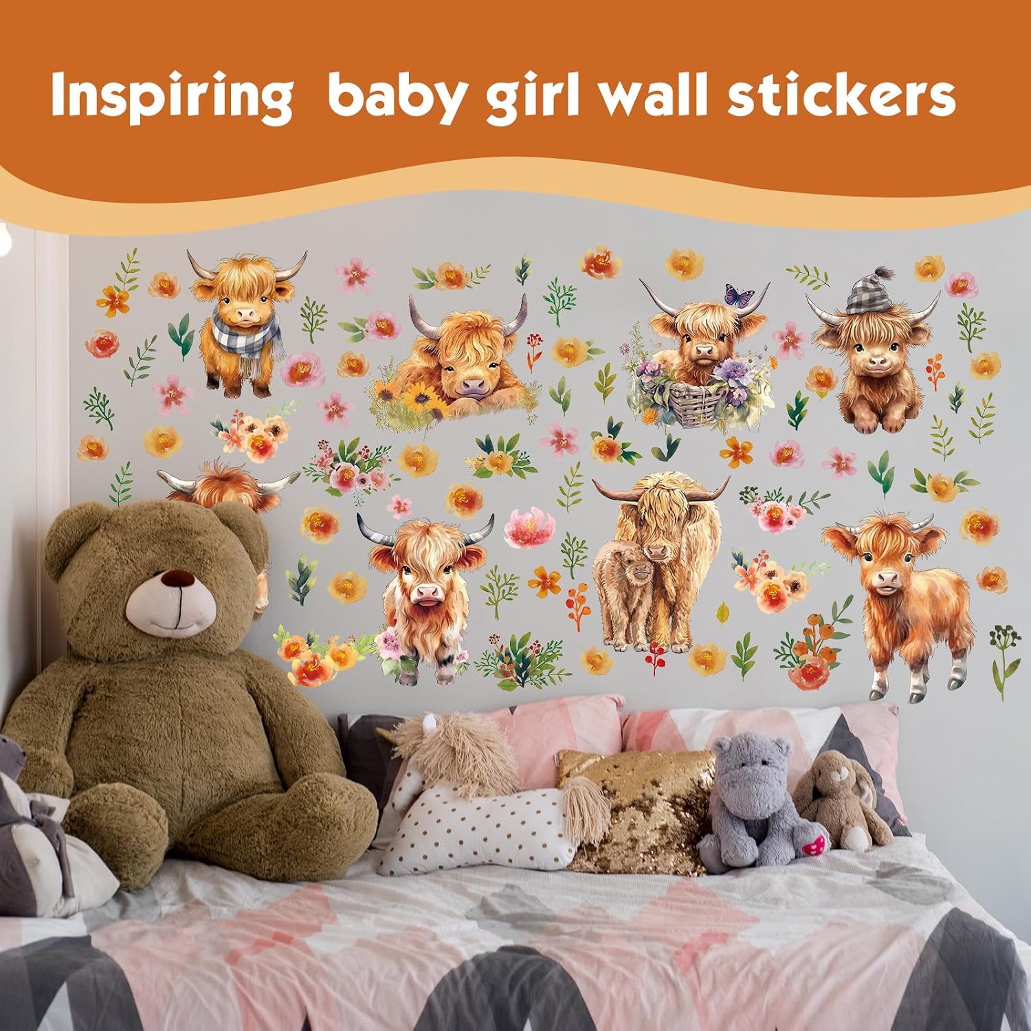 12 Sheet Highland Cow Wall Decals Baby Wall Stickers Highland Cow Sticker for Kids Baby / Set of 78