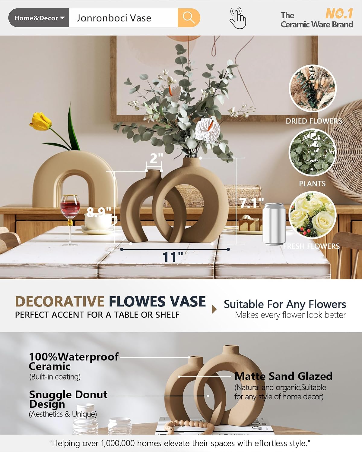 Brown Ceramic Vases / Matte Brown / Set of 2