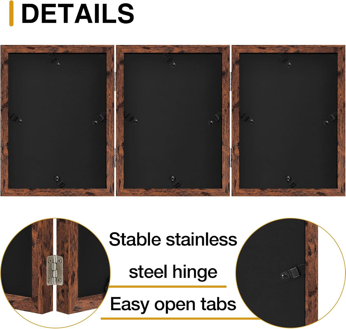 decorUhome Distressed Brown Triple 5x7 Picture Frame Vertical, MDDBN08 | "Z" Shape Folding Design Engineered Wood