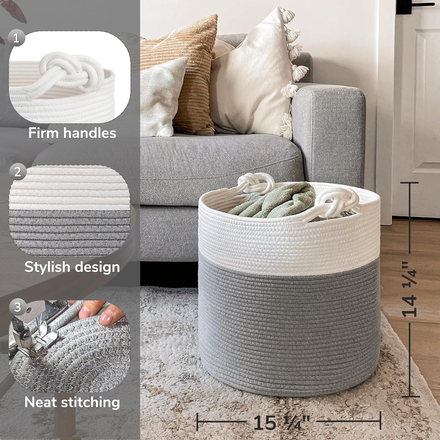 Woven Rope Blanket Basket / Grey / 15 x 14.2