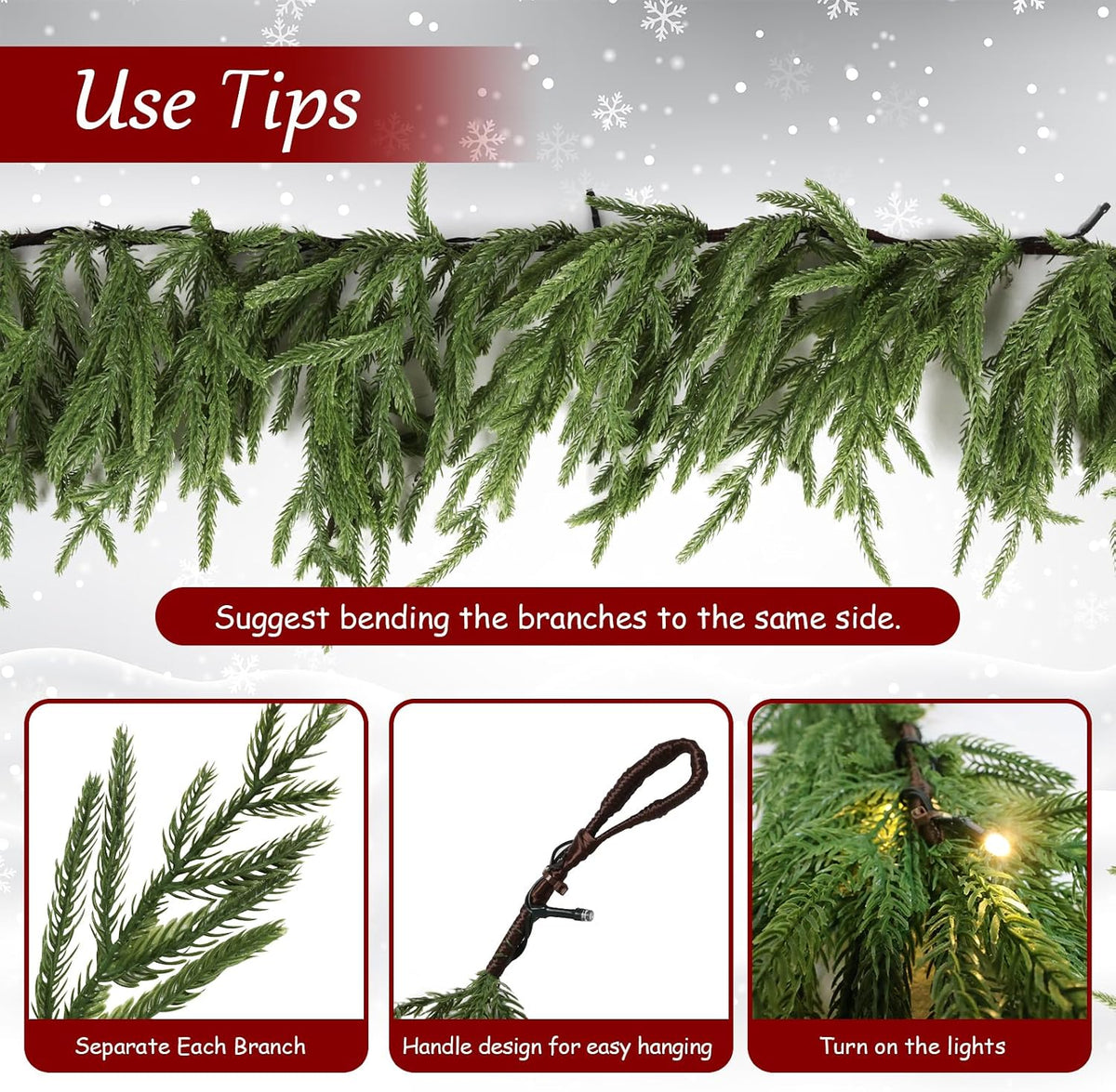 12FT Christmas Garland with Lights, 8 Flash Style with Timer for Indoor & Outdoor Christmas Decorations, Real Touch
