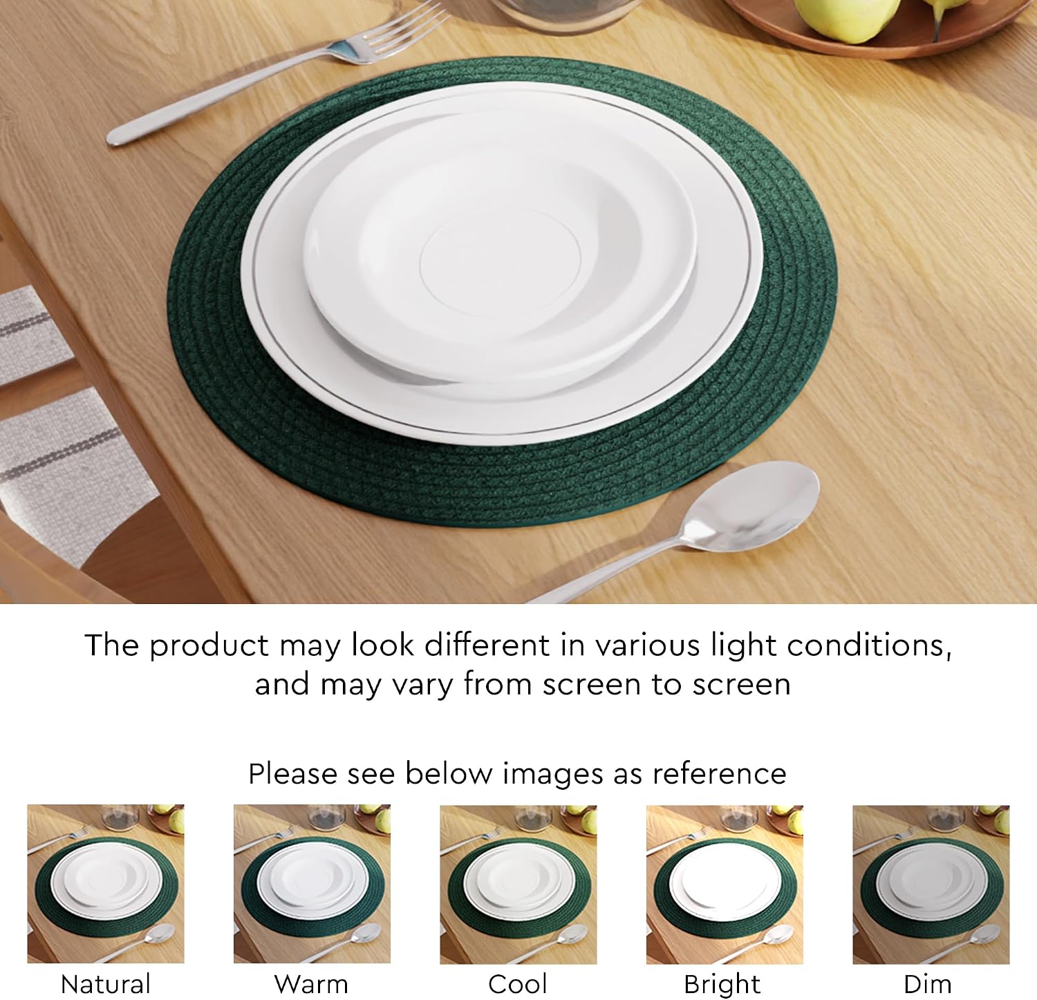 Encasa XO Placemats, Round Cotton Dining Table Mats 13" | Dark Green, Handcrafted Ribbed Texture | Heat Resistant