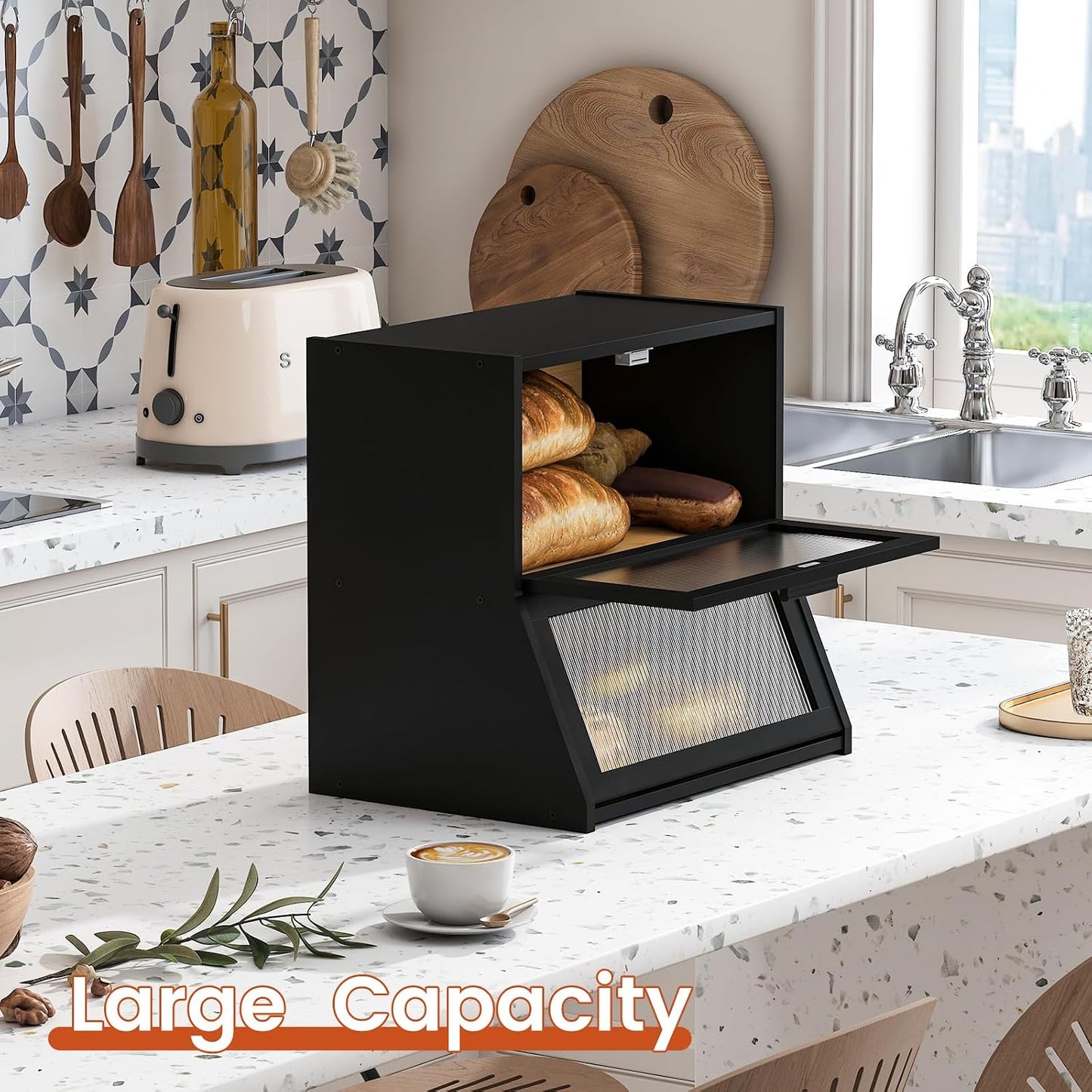 GHWIE Double Layer Bamboo Bread Box for Kitchen Counter,Large Capacity Storage Bin with Acrylic Wavy Door Panel (Black