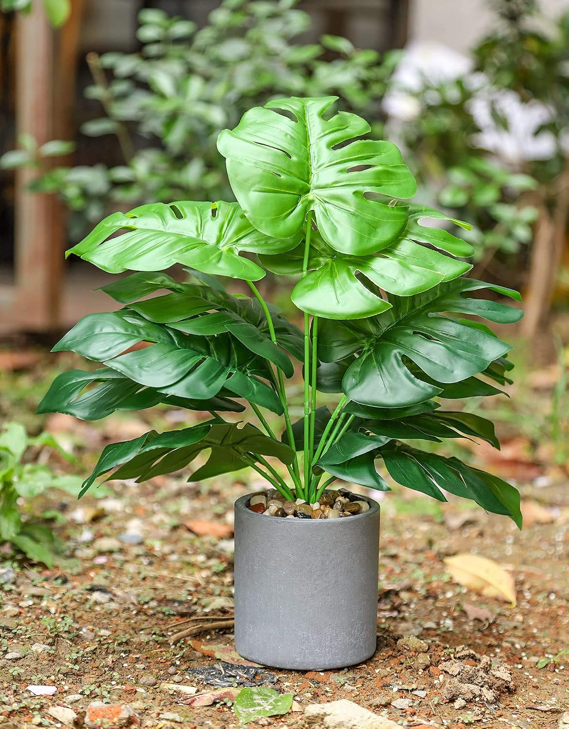 16" Fake Plants Medium Artificial Plants in Pots Faux / Monstera Leaf and Greenery Leaf / Set of 2