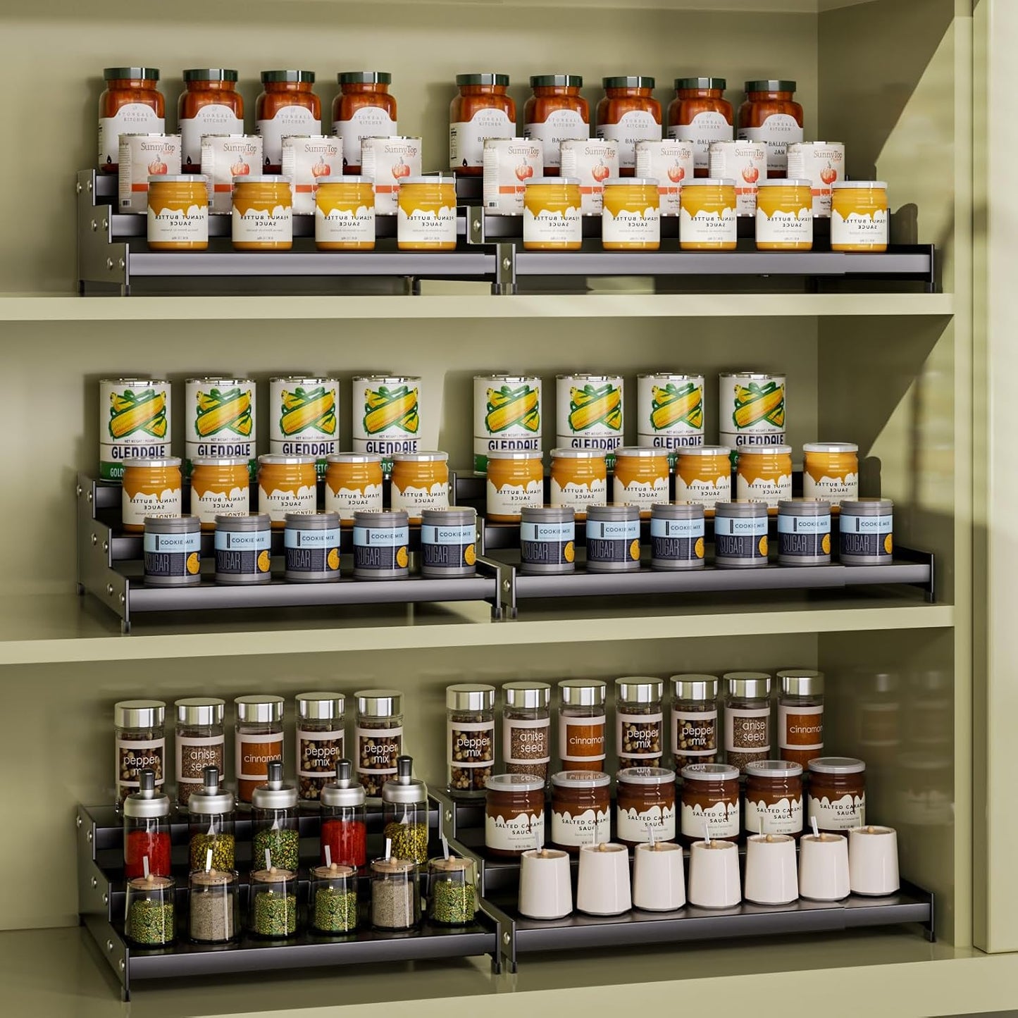 Expandable Carbon Steel Spice Rack Organizer for Pantry, Adjustable 3-Tier Ladder Shelf,Holds Up to 24 Cans,Kitchen