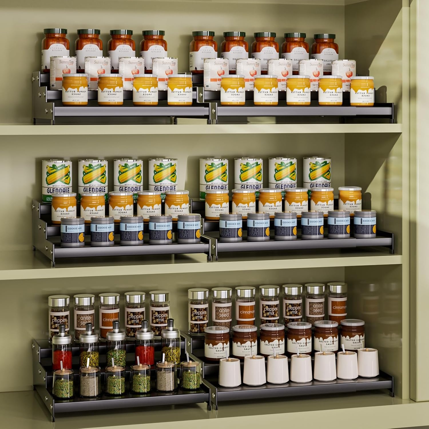 Expandable Carbon Steel Spice Rack Organizer for Pantry, Adjustable 3-Tier Ladder Shelf,Holds Up to 24 Cans,Kitchen