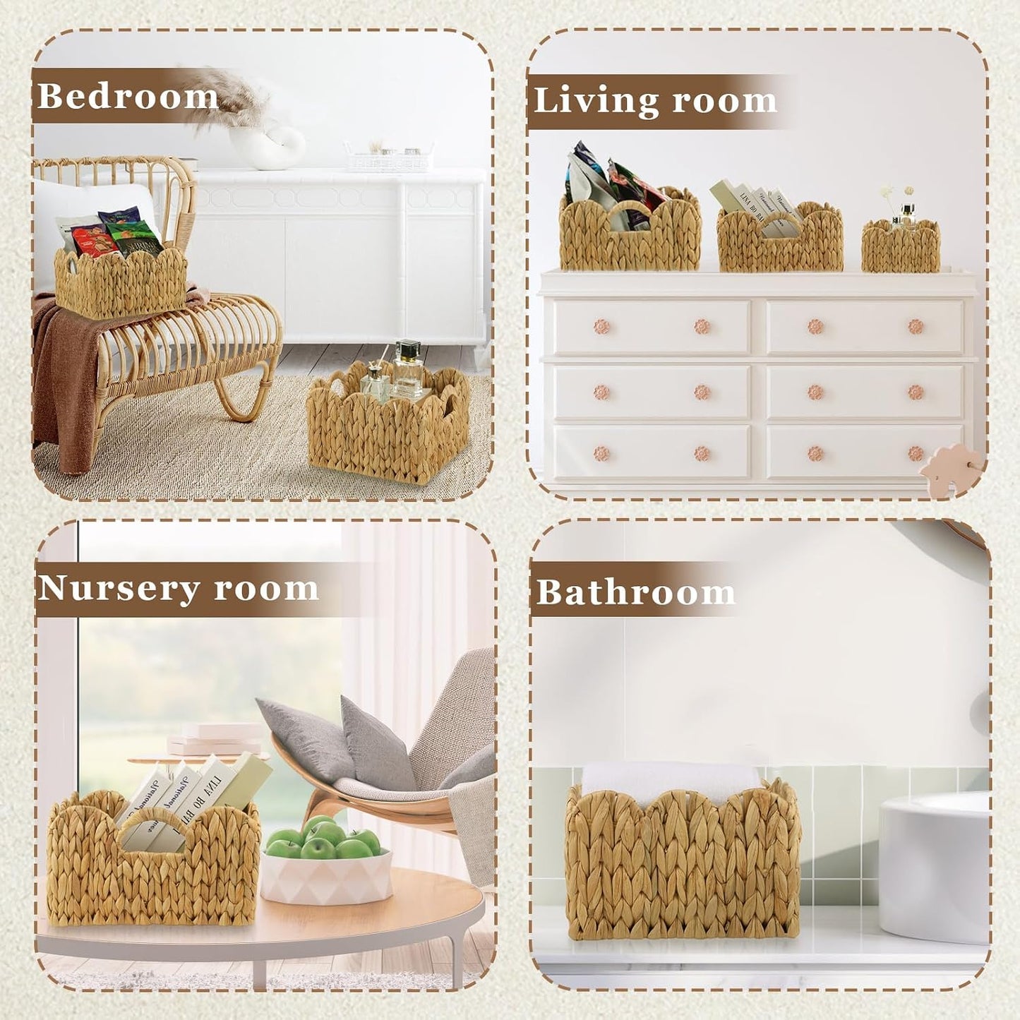 Scalloped Edge Basket Hand Woven Wicker Storage Baskets Rattan Baskets / Set of 3