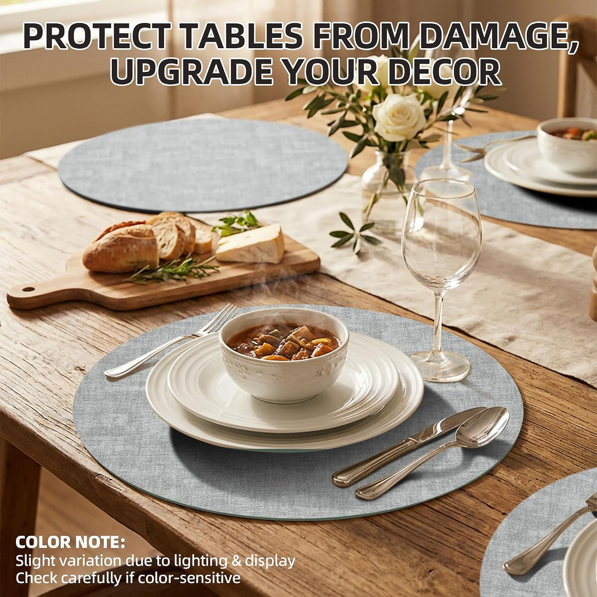 Round Placemats Set of 8, 15 Inch Faux Leather Place mats, Washable Wipeable Non Slip, Heat Resistant Waterproof Vinyl